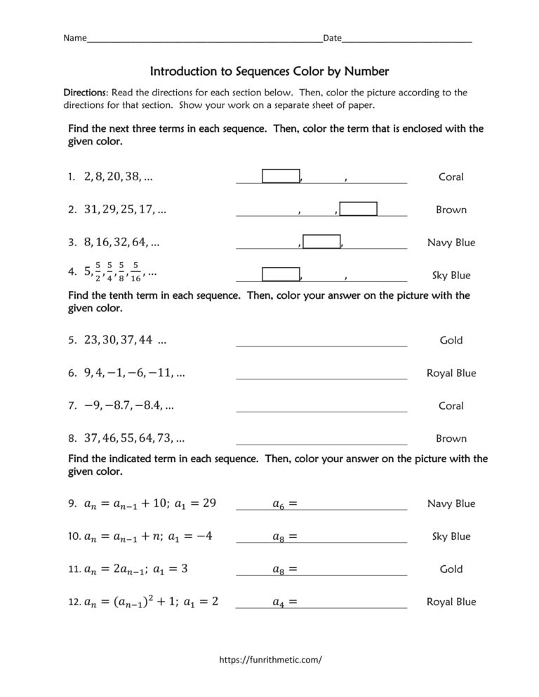 Introduction To Sequences Color By Number Funrithmetic