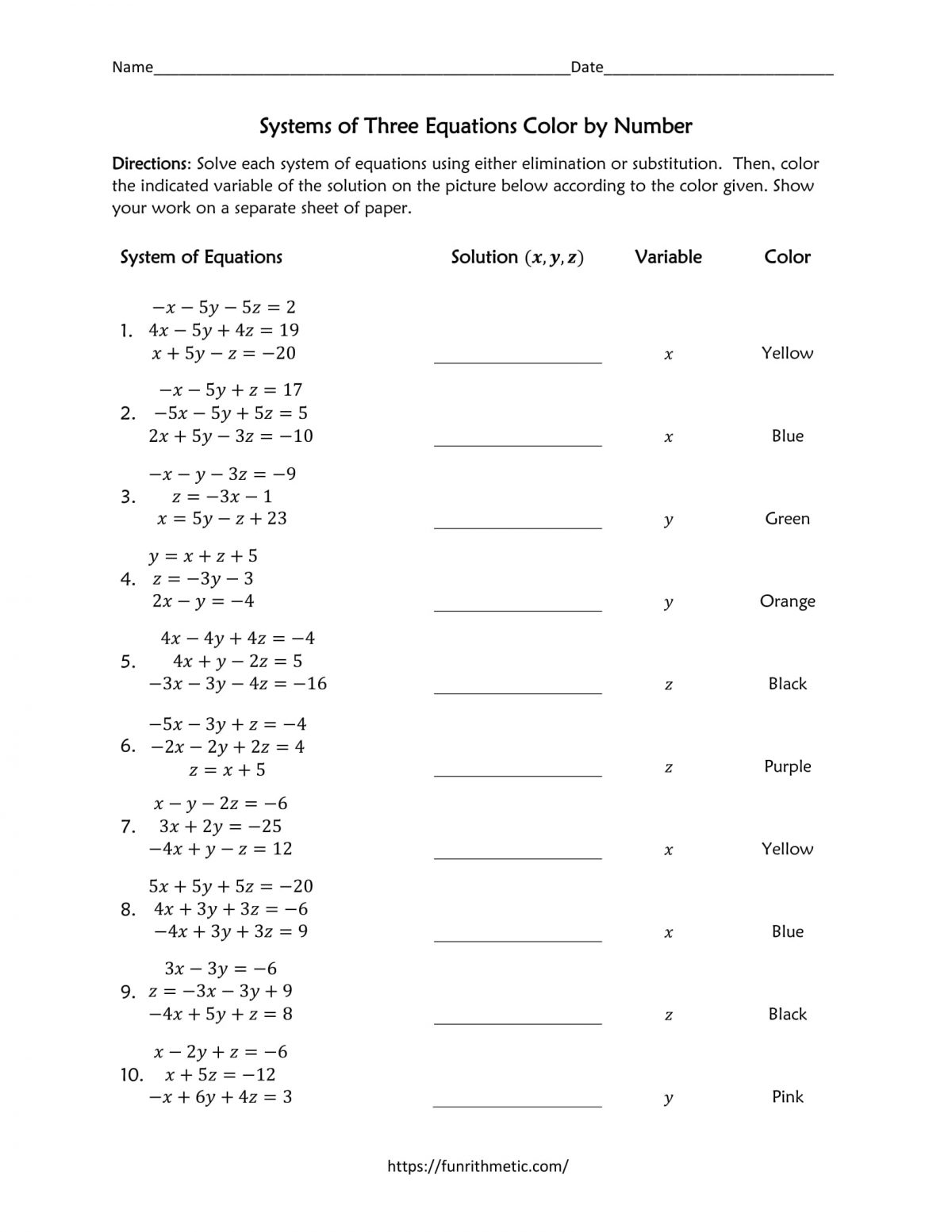 Systems Of Three Equations Color By Number Funrithmetic