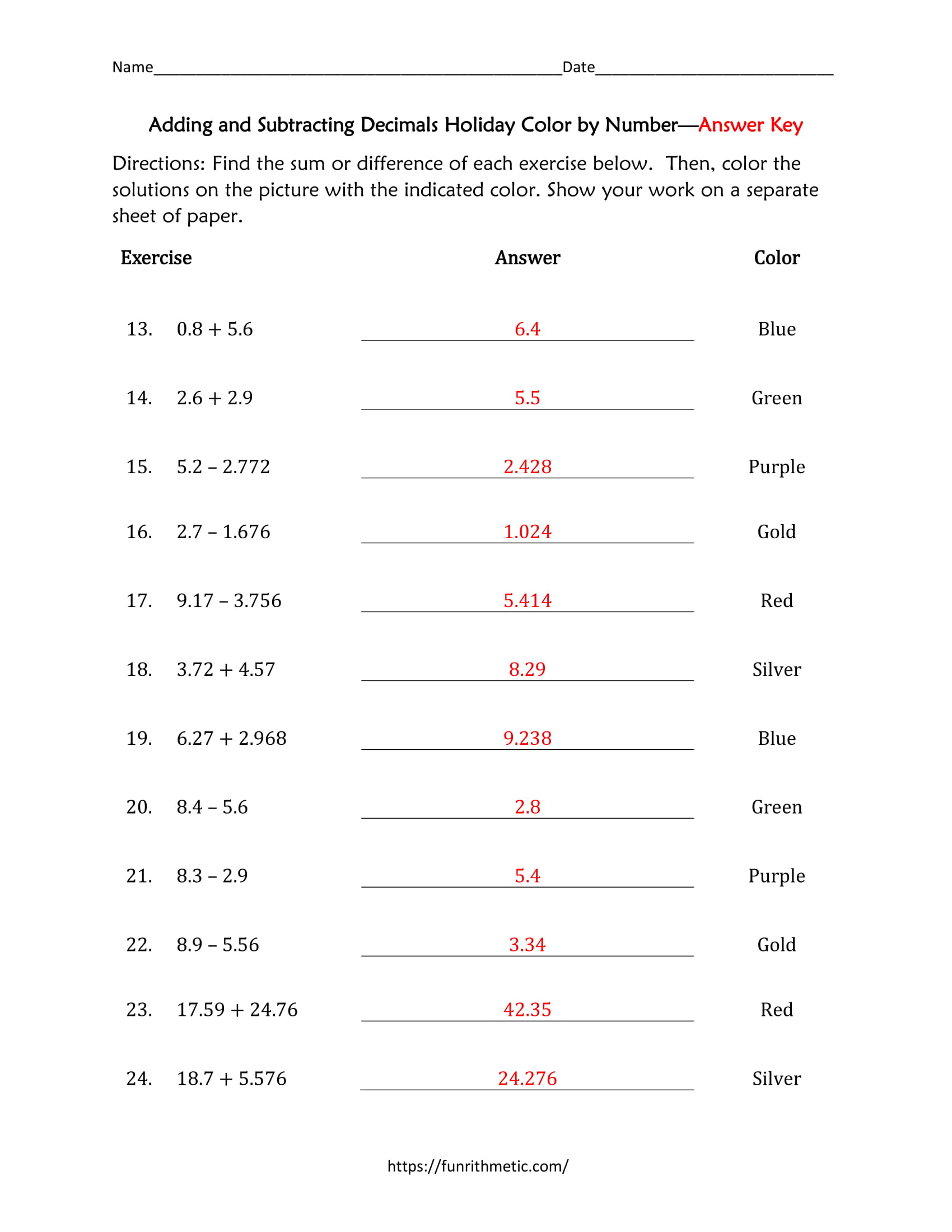 Adding and Subtracting Decimals Holiday Color by Number-4 | Funrithmetic