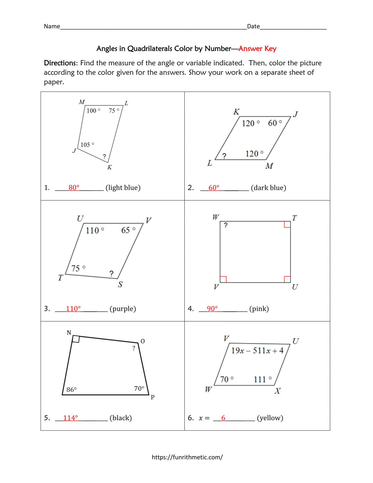 Angles In Quadrilaterals Color By Number 5 Funrithmetic