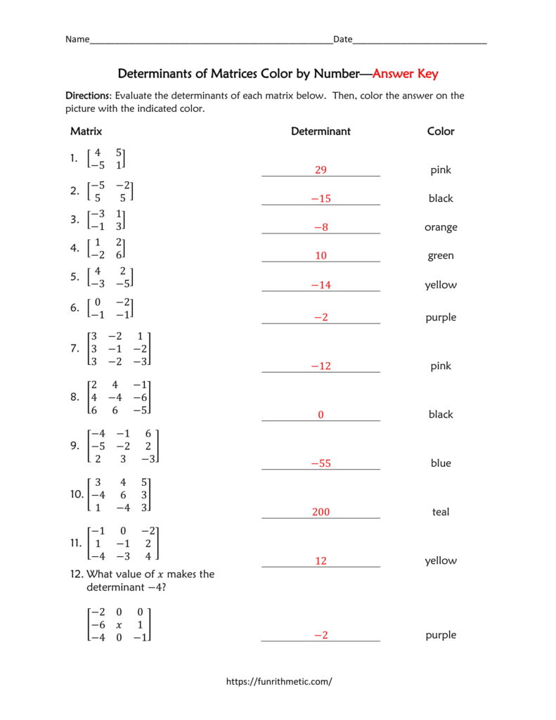 Determinants of Matrices Color by Number-4 | Funrithmetic