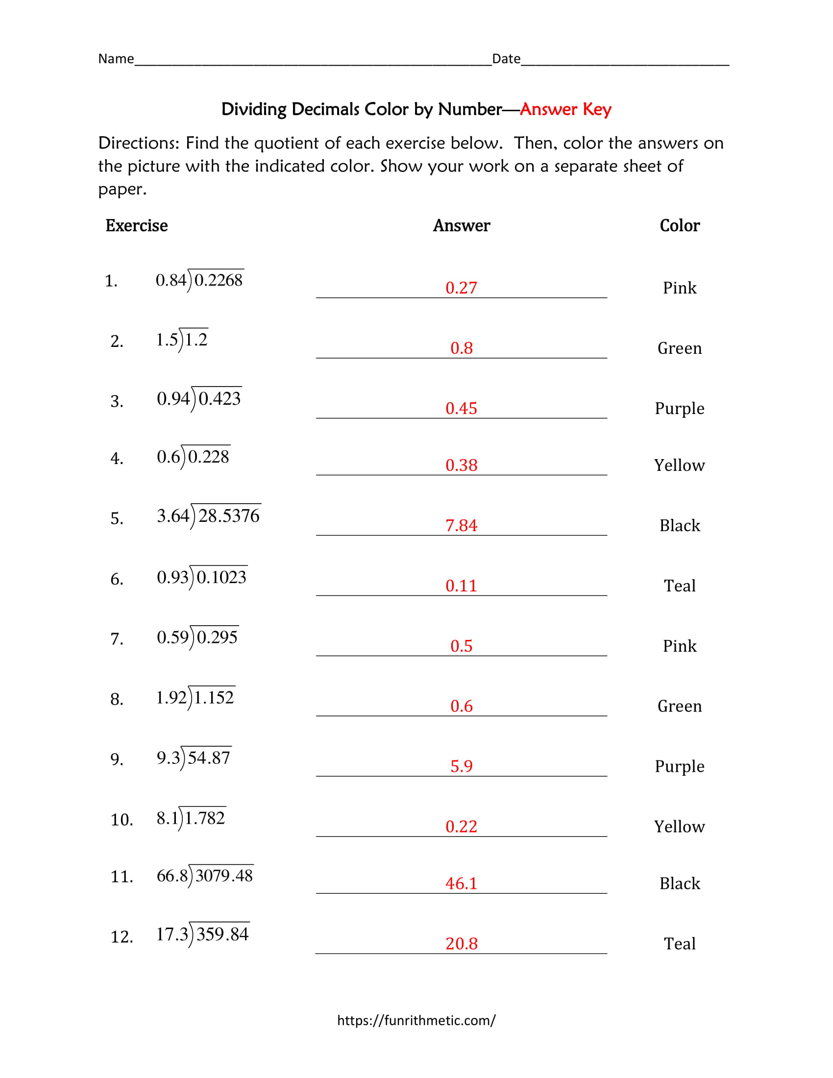 Dividing Decimals Color by Number-4 | Funrithmetic