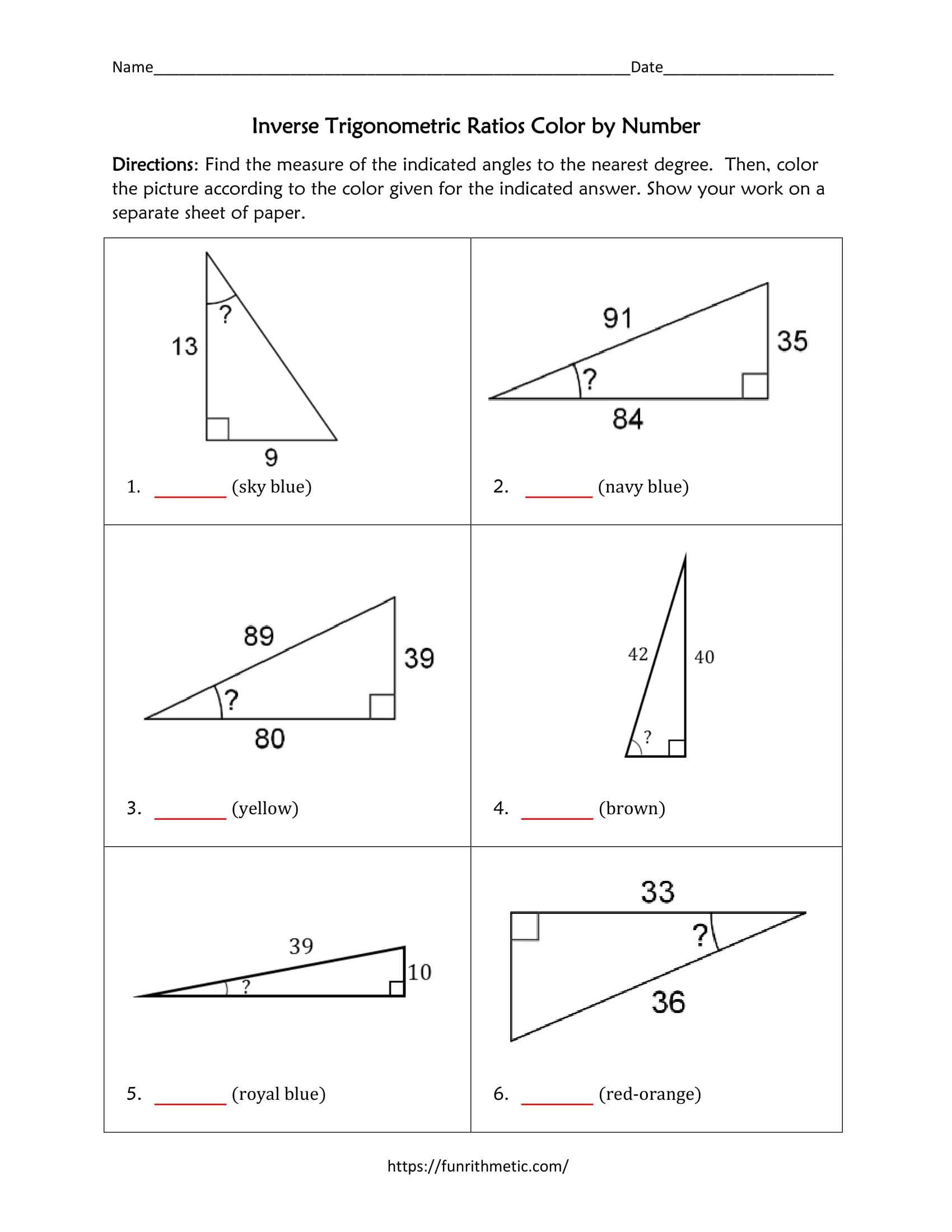 Inverse Trigonometric Ratios Color by Number In Trigonometric Ratios Worksheet Answers