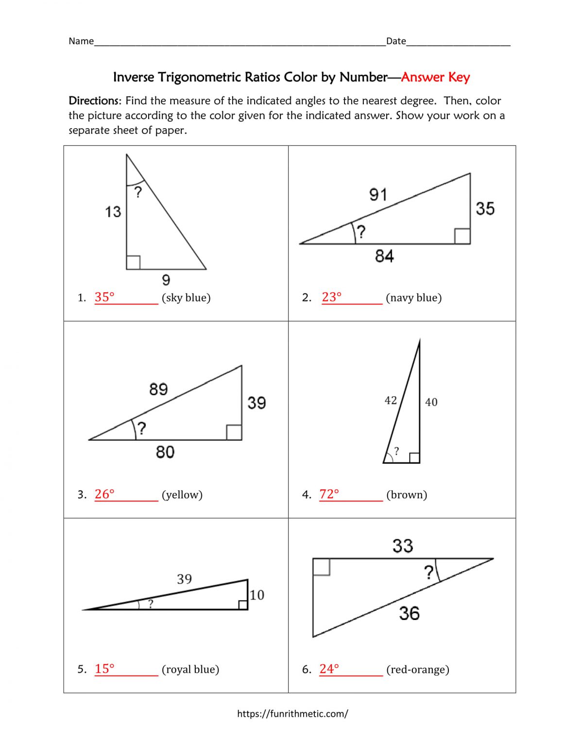 Inverse Trig Ratios Color By Number 5 Funrithmetic