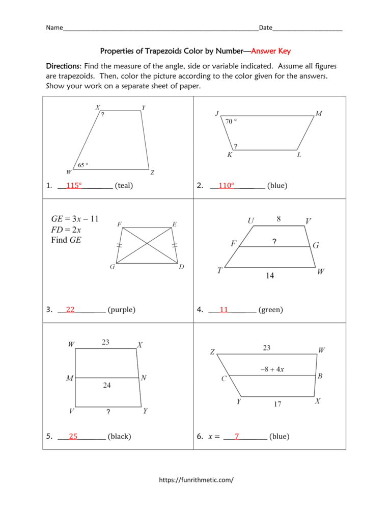 Properties of Trapezoids Color by Number-5 | Funrithmetic