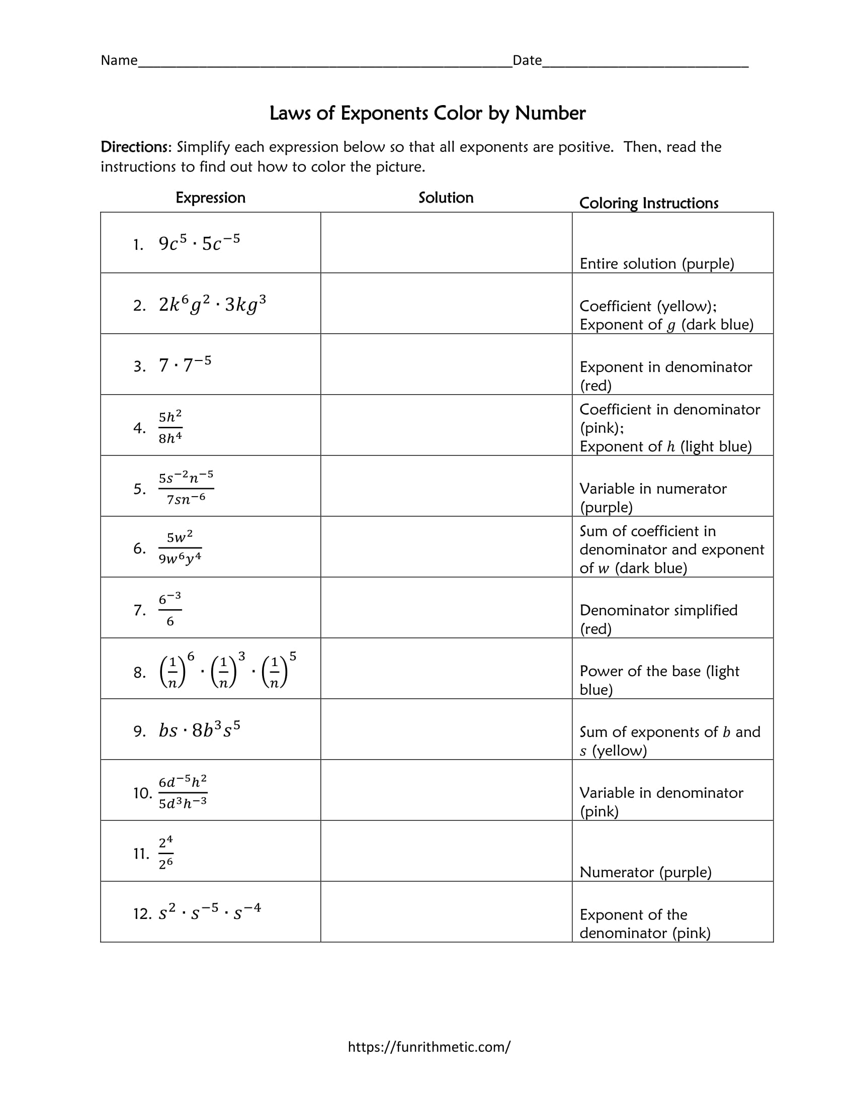 Simplifying Exponents Color By Number Worksheet
