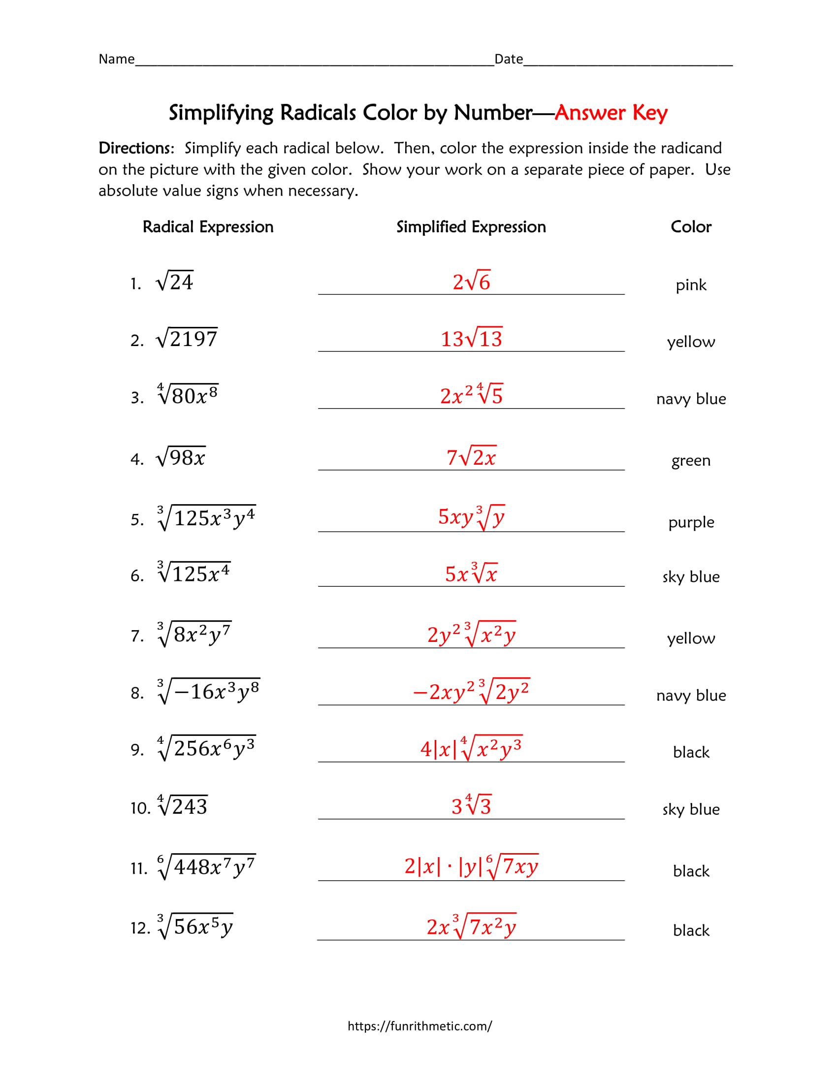 Simplifying Radicals Color by Number-4 | Funrithmetic