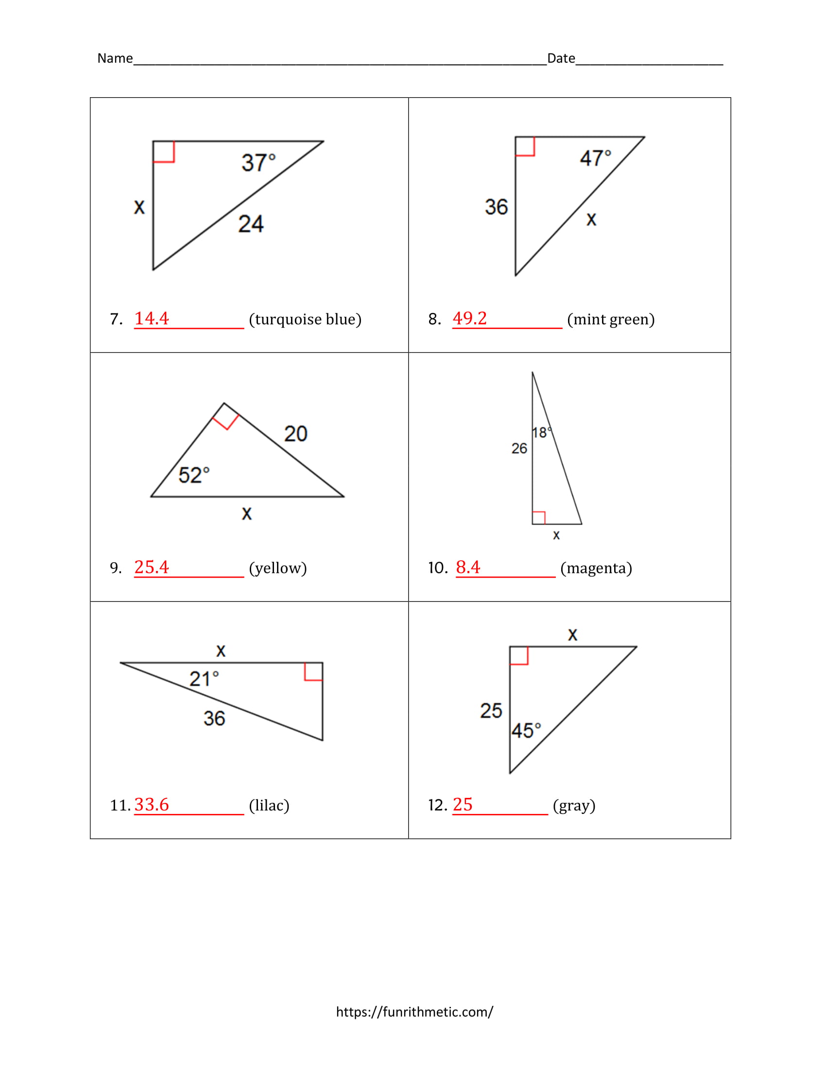 Solving Right Triangles Color by Number-6 | Funrithmetic