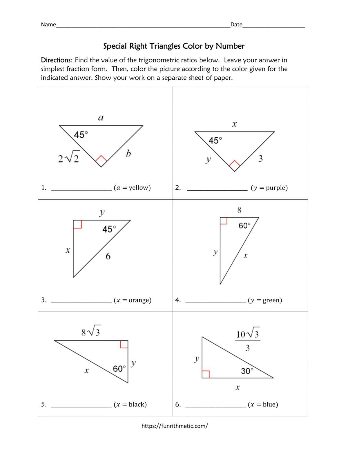 Special Right Triangles Color by Number-2 | Funrithmetic