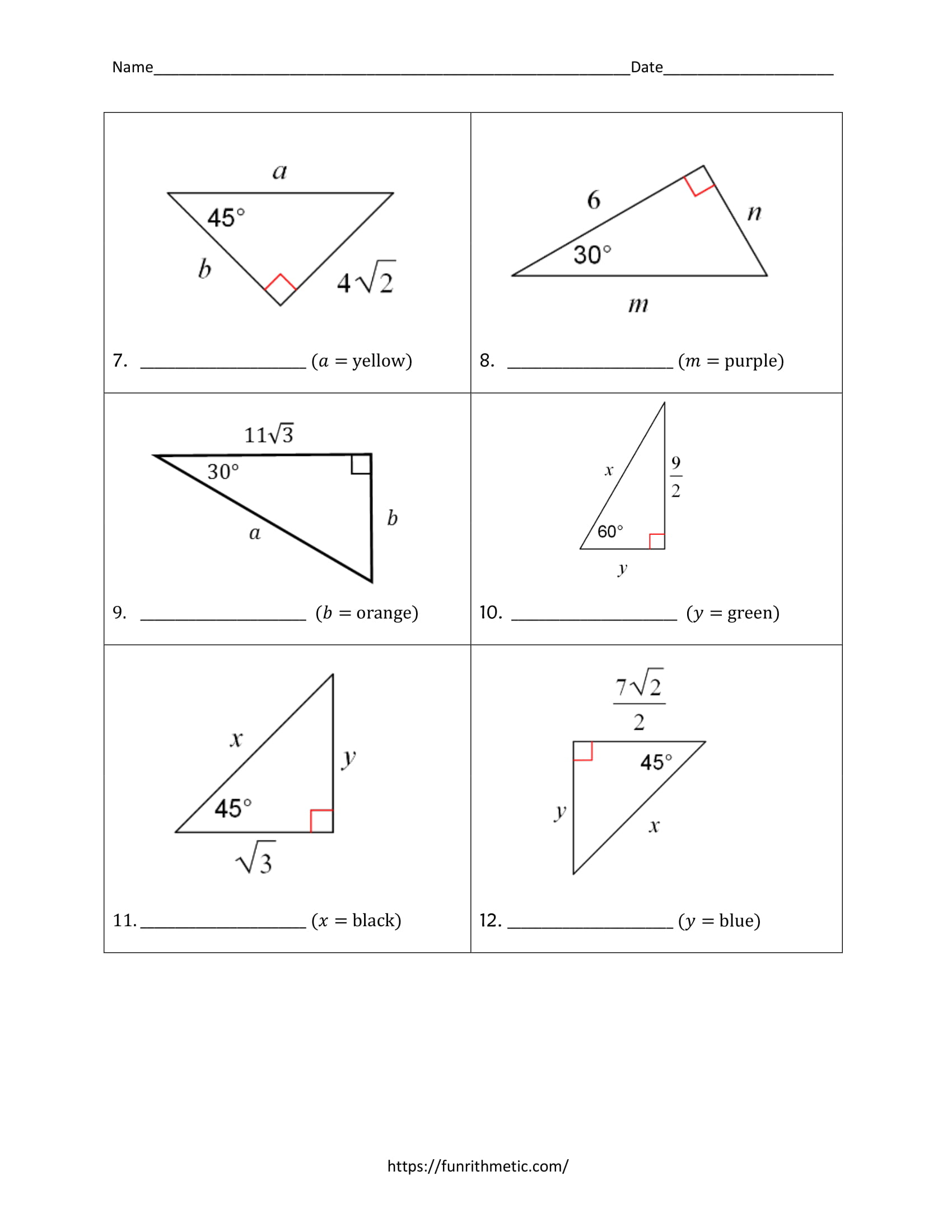 Special Right Triangles Color by Number Within Special Right Triangles Practice Worksheet