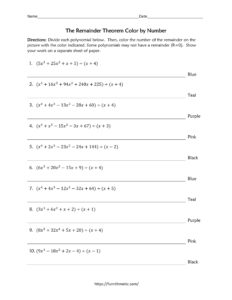 The Remainder Theorem Color by Number | Funrithmetic
