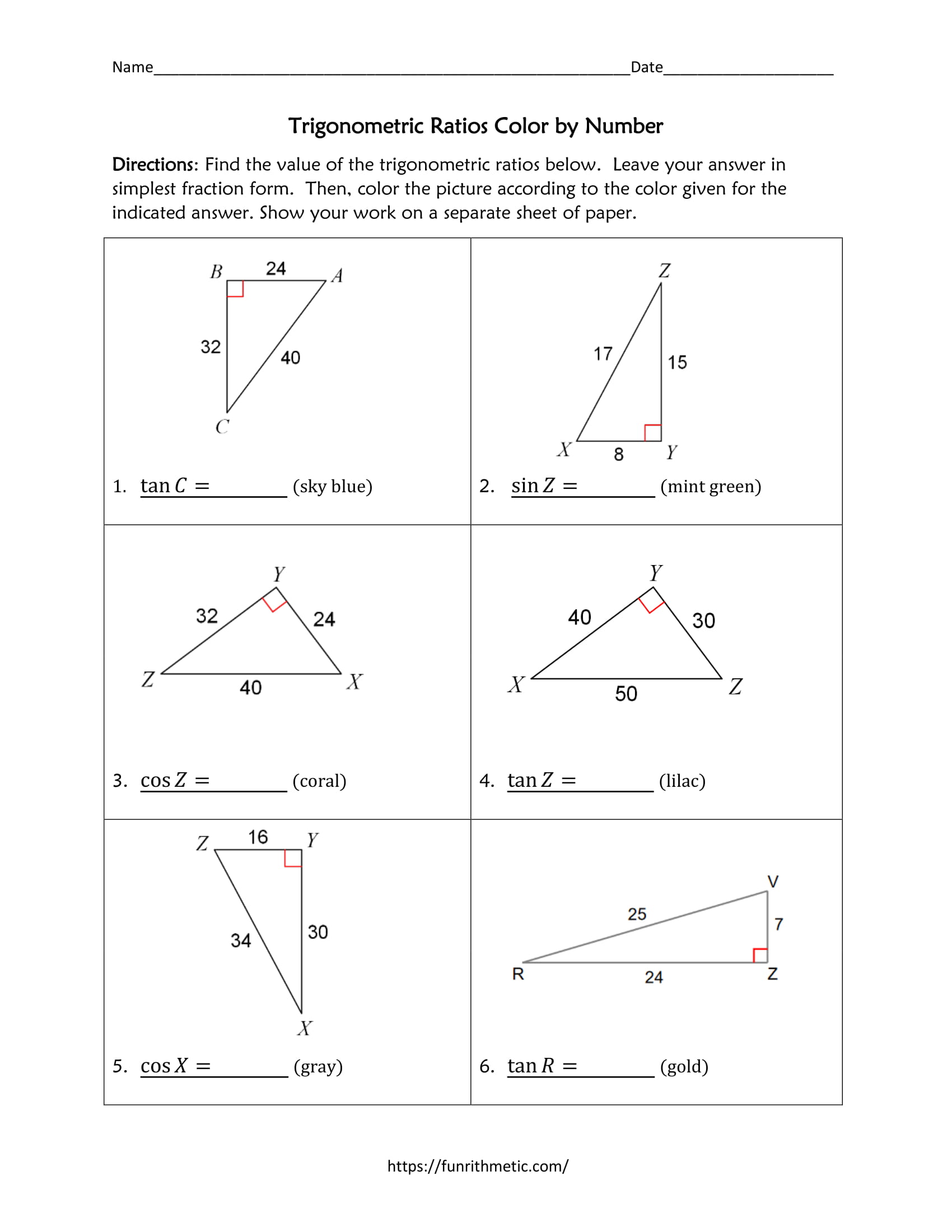 Trigonometric Ratios Color by Number Pertaining To Trigonometric Ratios Worksheet Answers