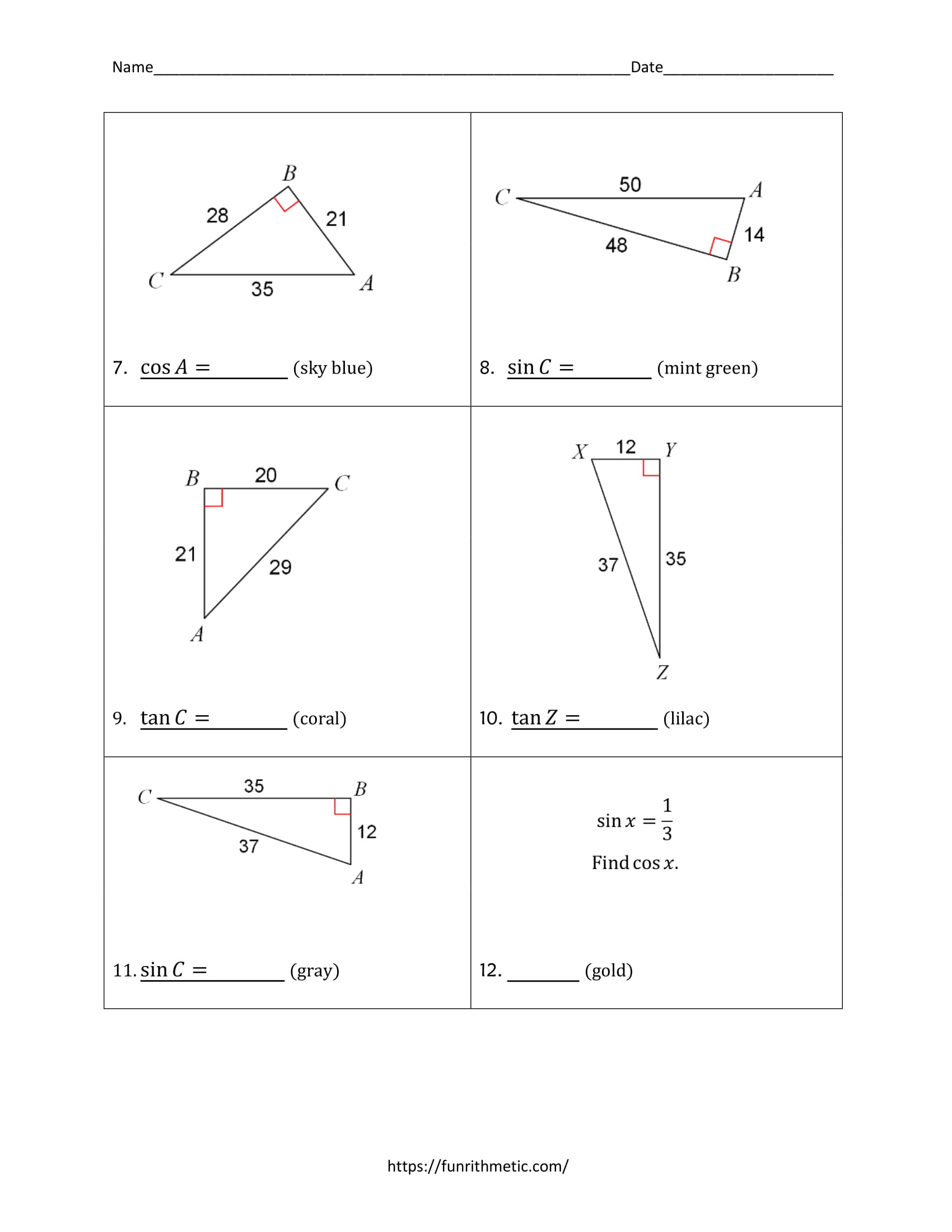 Trigonometric Ratios Color by Number Intended For Trigonometric Ratios Worksheet Answers