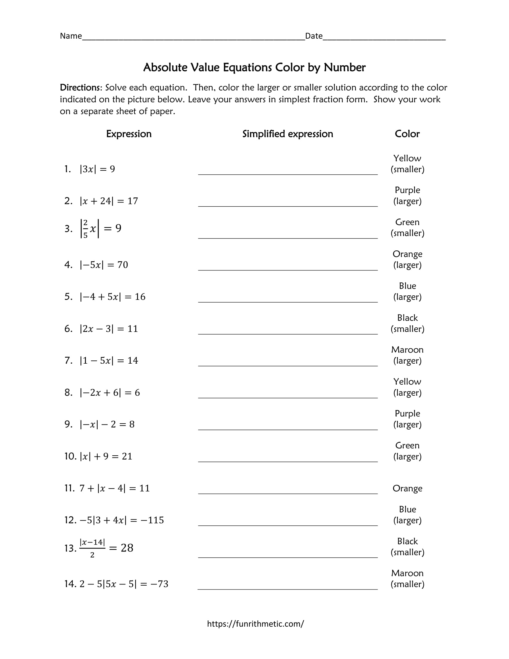Absolute Value Equations Color by Number In Absolute Value Equations Worksheet