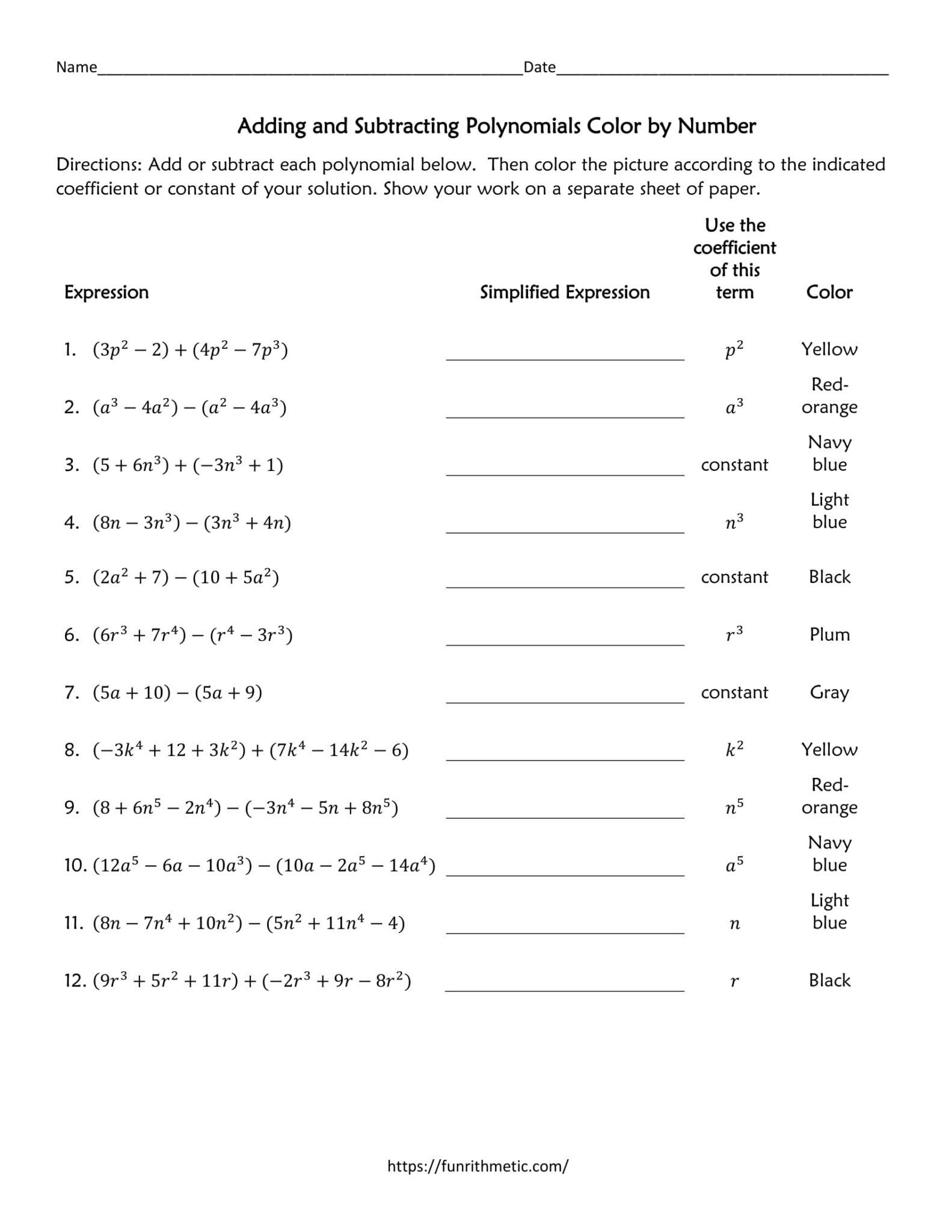Adding and Subtracting Polynomials Color by Number | Funrithmetic