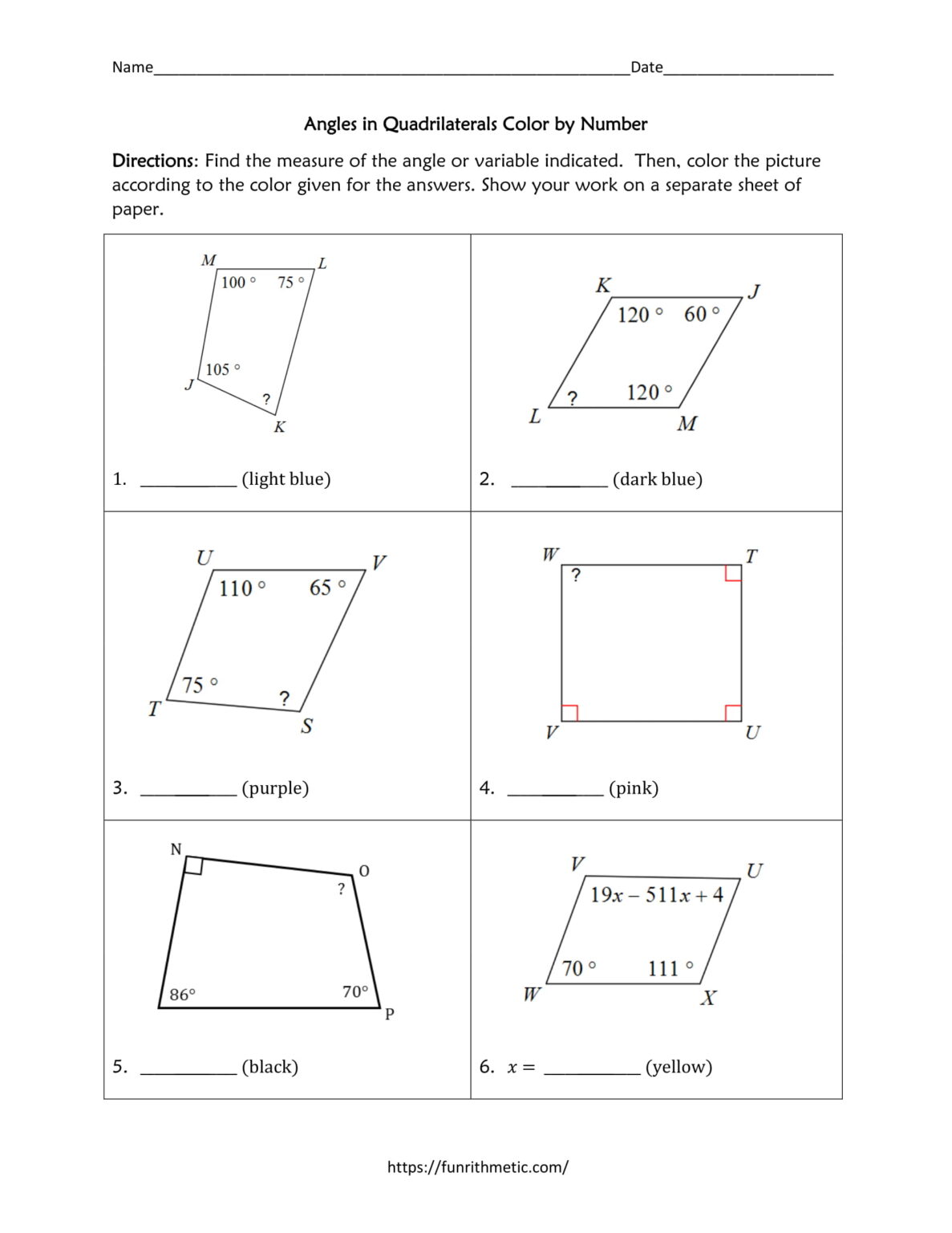 Angles in Quadrilaterals Color by Number | Funrithmetic