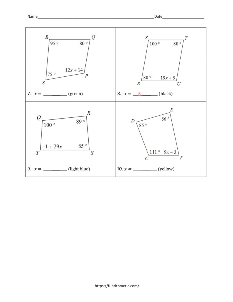 Angles in Quadrilaterals Color by Number | Funrithmetic