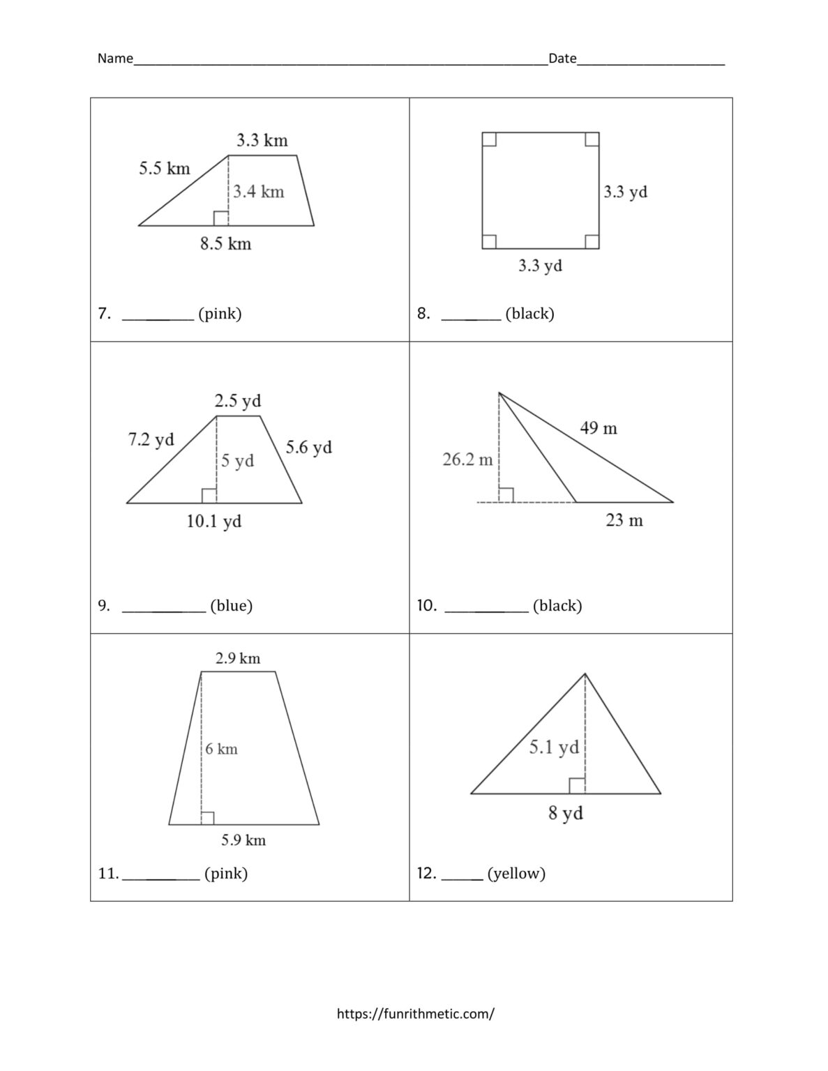 Areas of Triangles and Quadrilaterals Color by Number | Funrithmetic