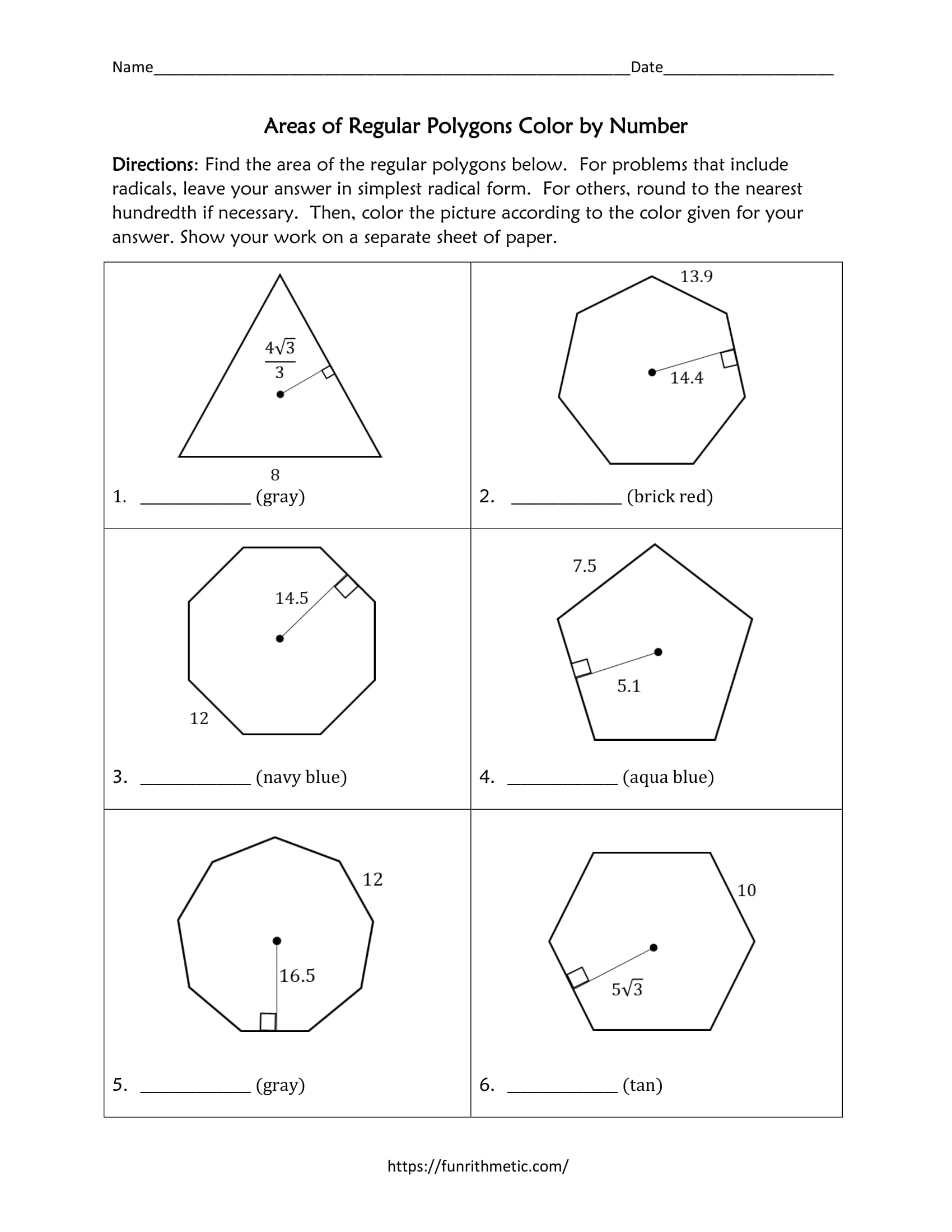 Areas of Regular Polygons Color by Number Inside Area Of Regular Polygons Worksheet