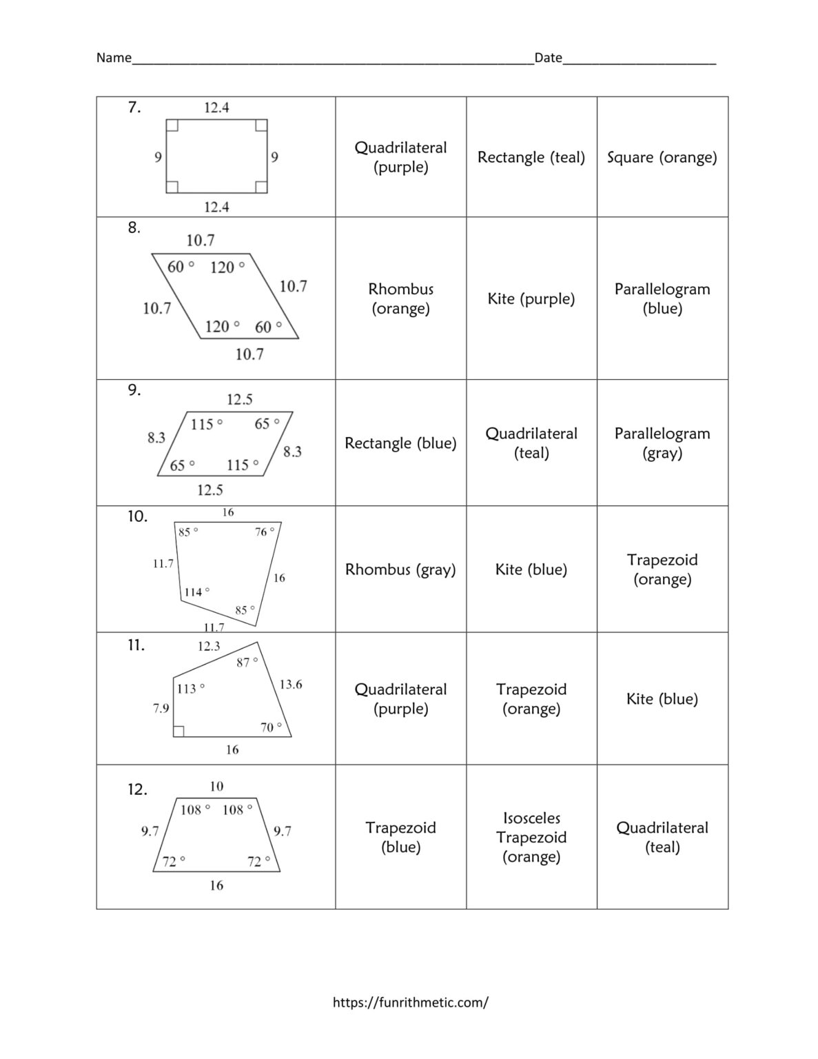 Classifying Quadrilaterals Color By Number Funrithmetic