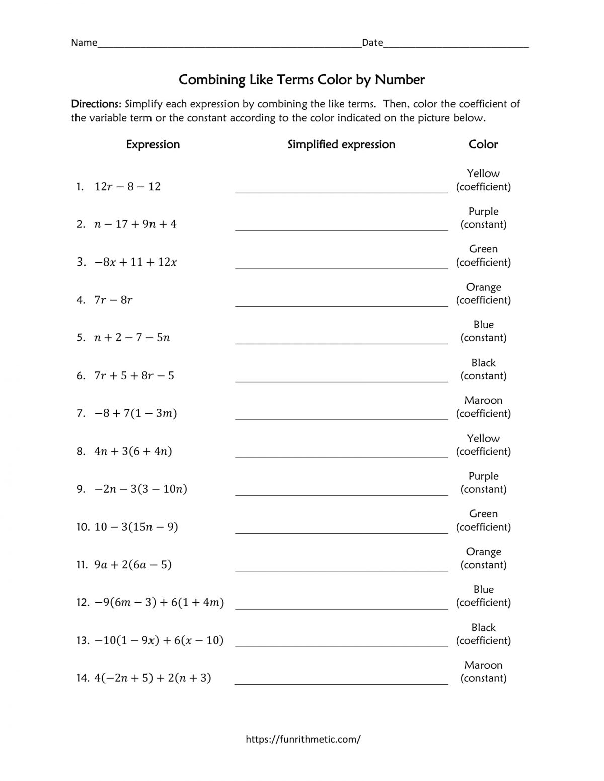 Combining Like Terms activity