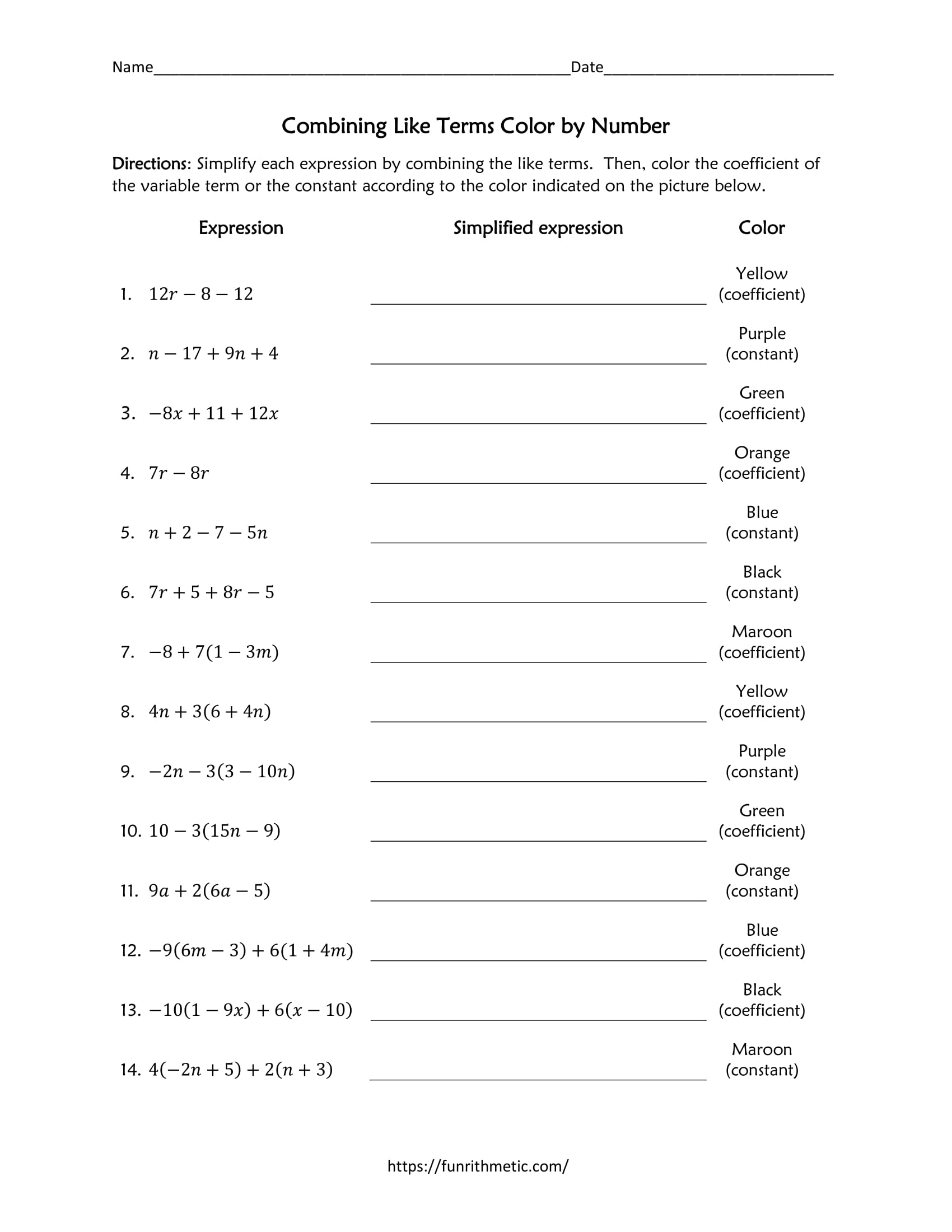 Combining Like Terms Color by Number For Combining Like Terms Equations Worksheet