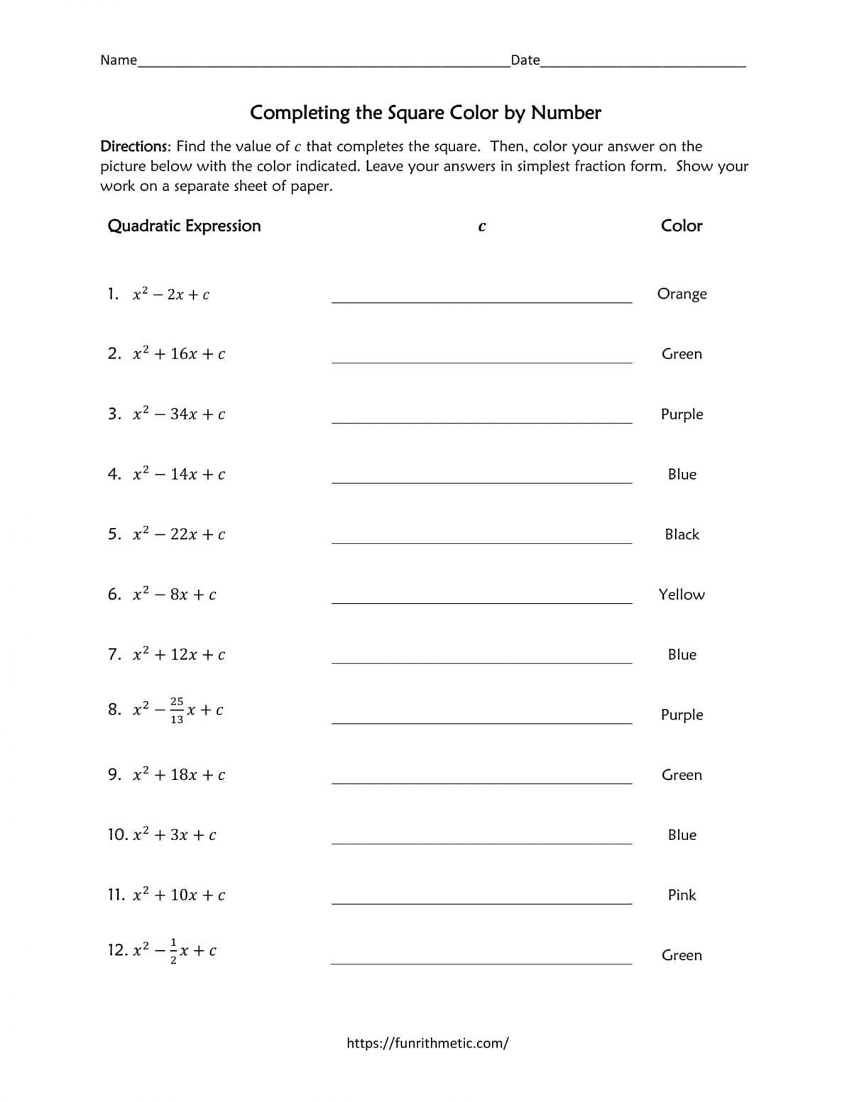 Completing the Square coloring activity