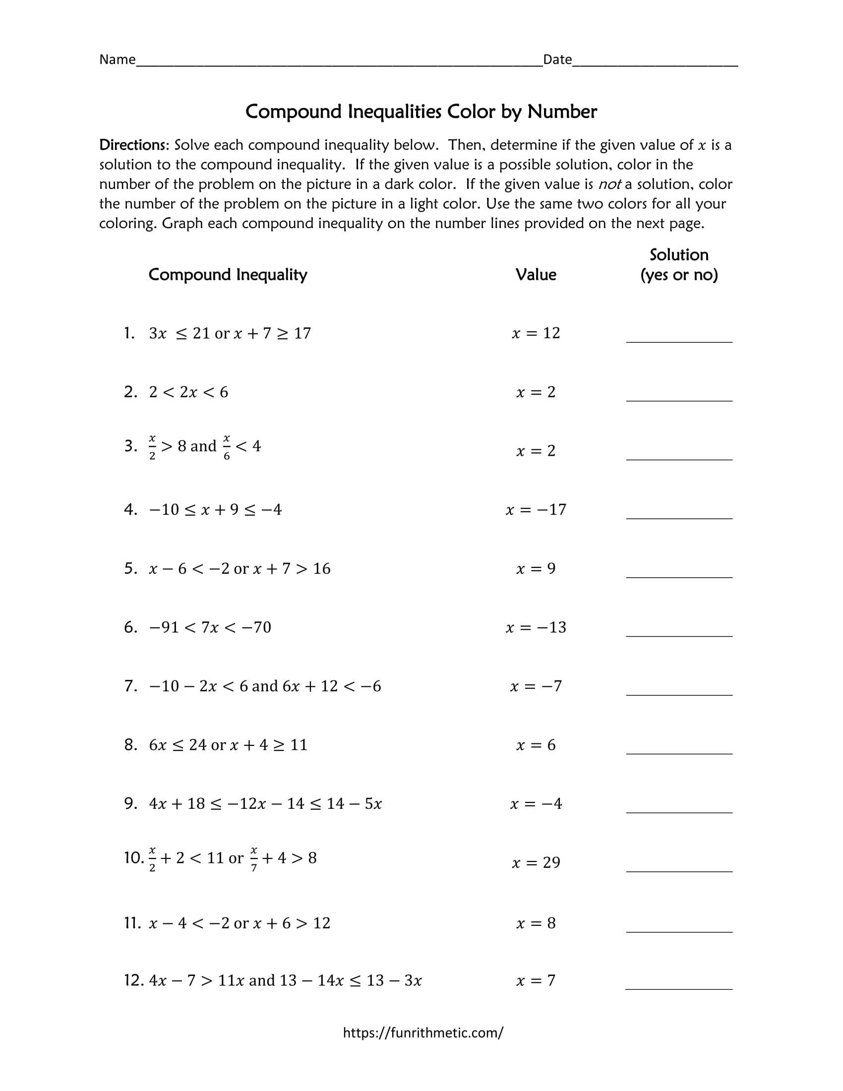 Compound Inequalities Color by Number Throughout Solving Compound Inequalities Worksheet