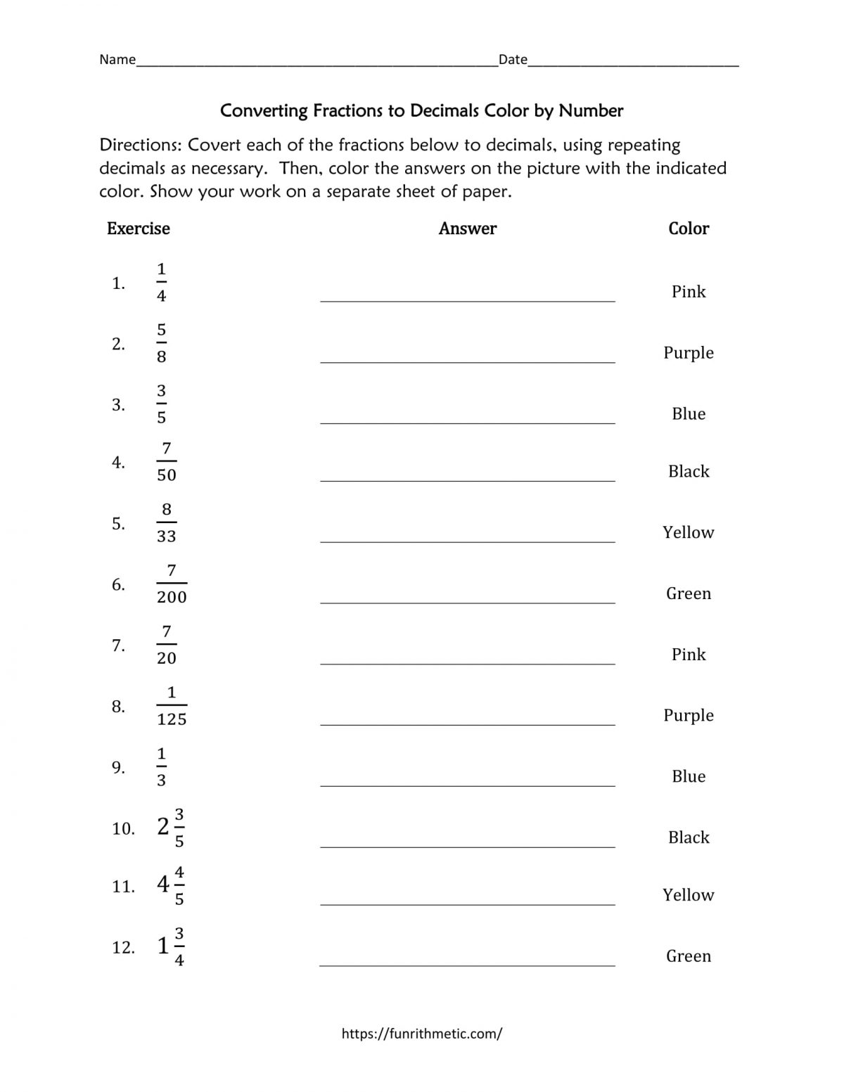 Converting Fractions and Decimals coloring activity