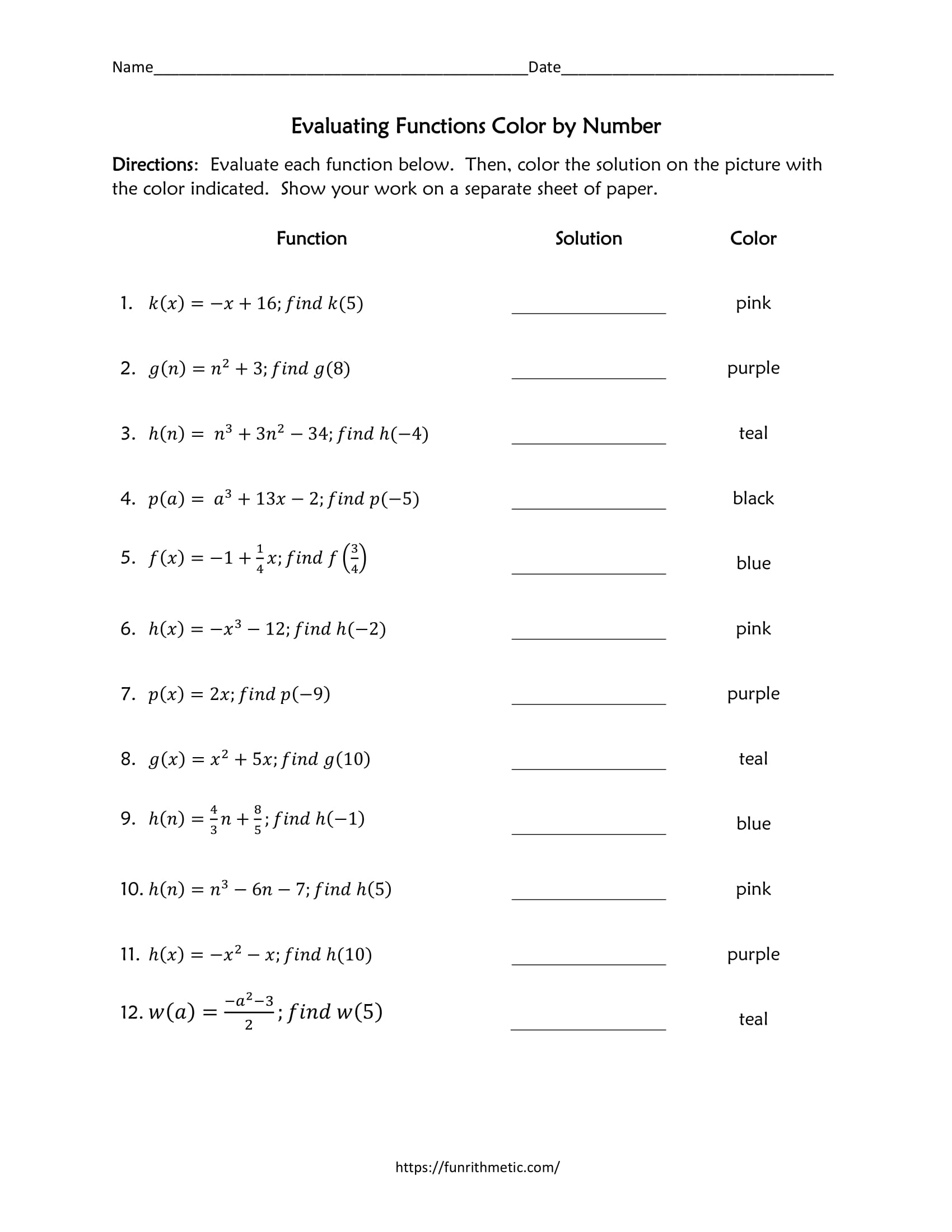 Evaluating Functions Color by Number Throughout Evaluating Functions Worksheet Algebra 1