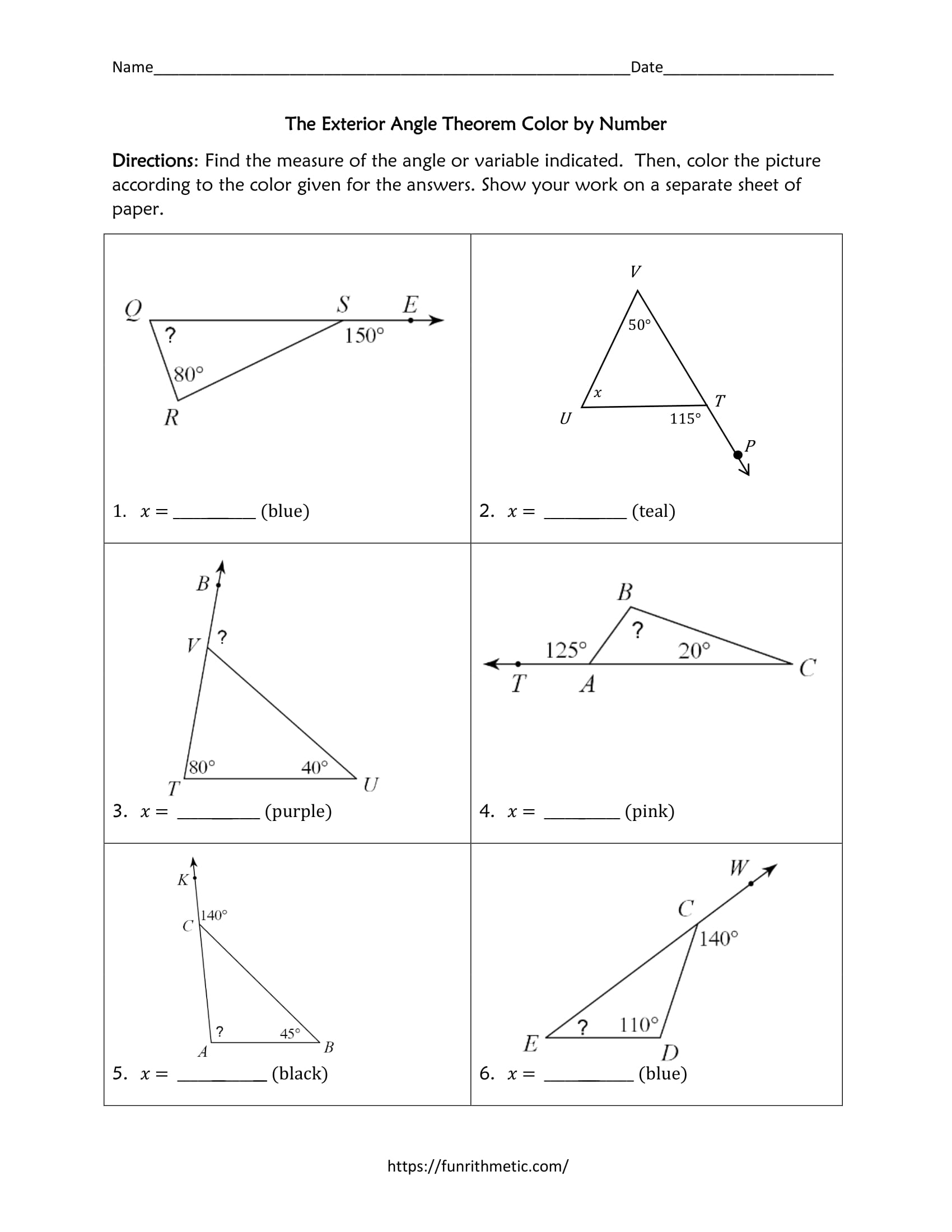 Exterior Angle Theorem Color by Number Pertaining To Exterior Angle Theorem Worksheet