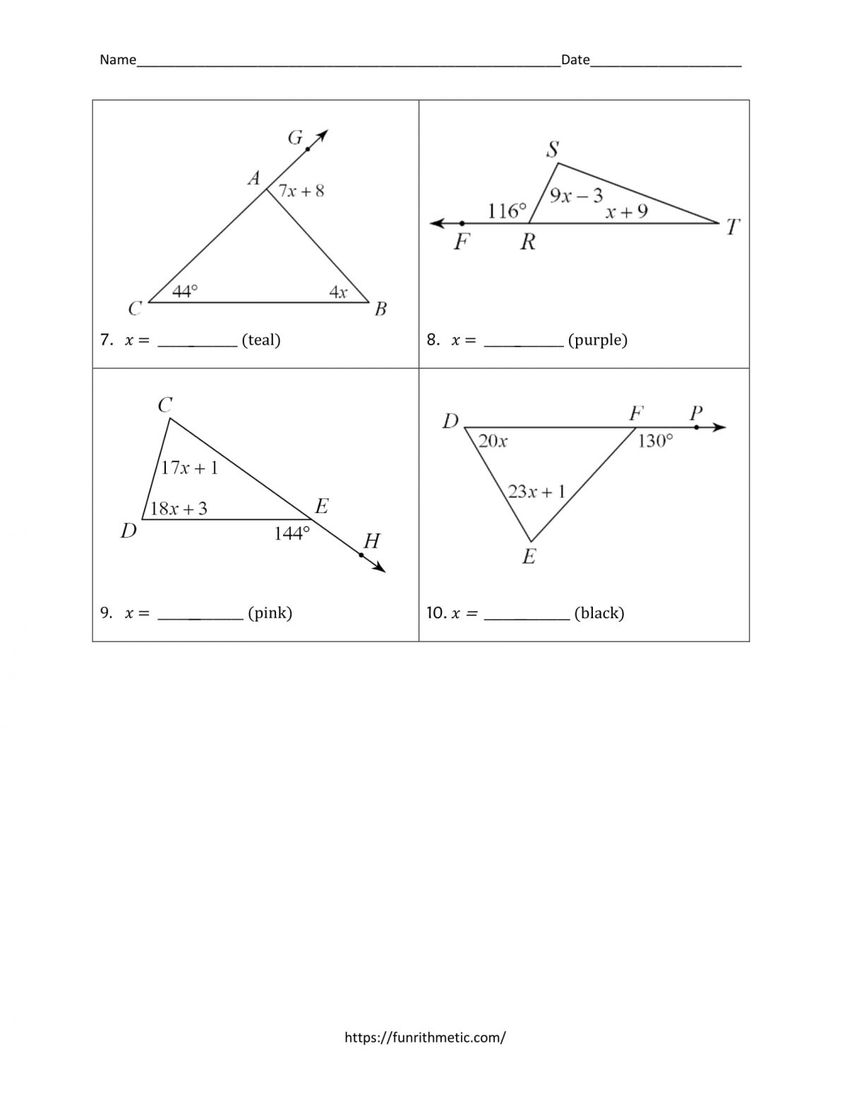 Exterior Angle Theorem worksheet