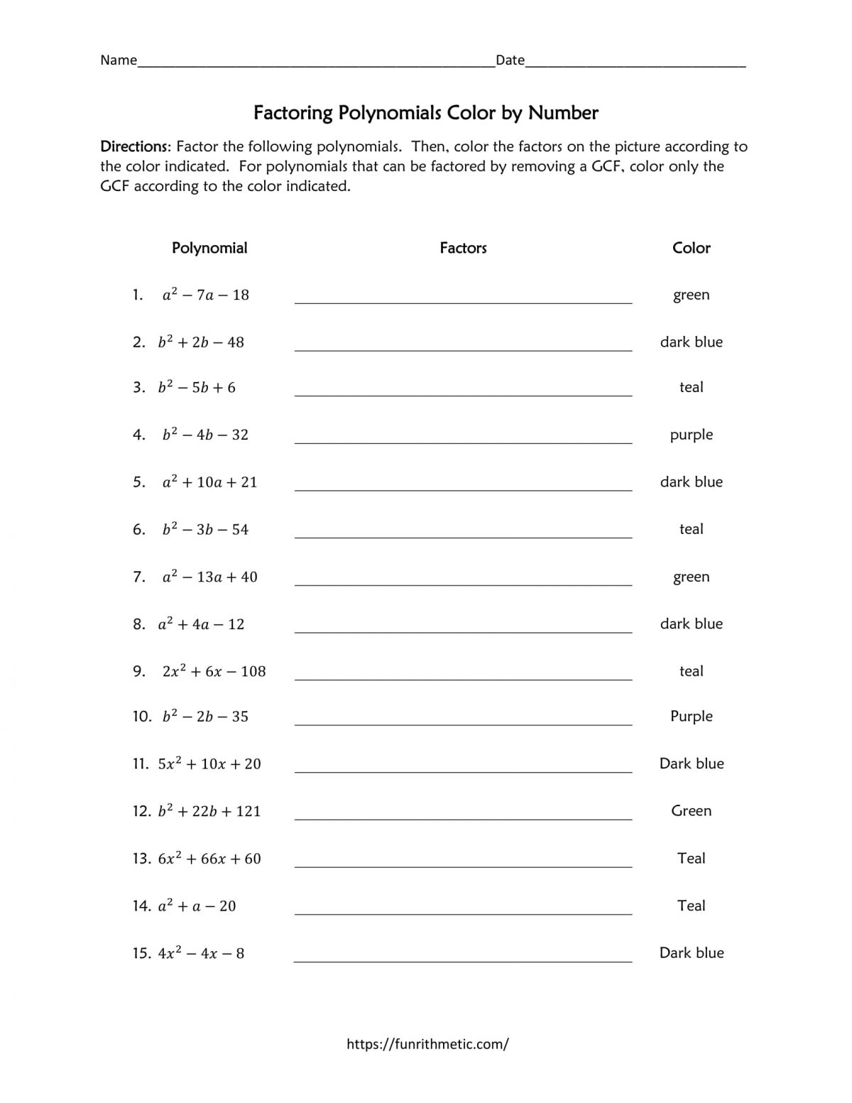 Factoring polynomials coloring worksheet