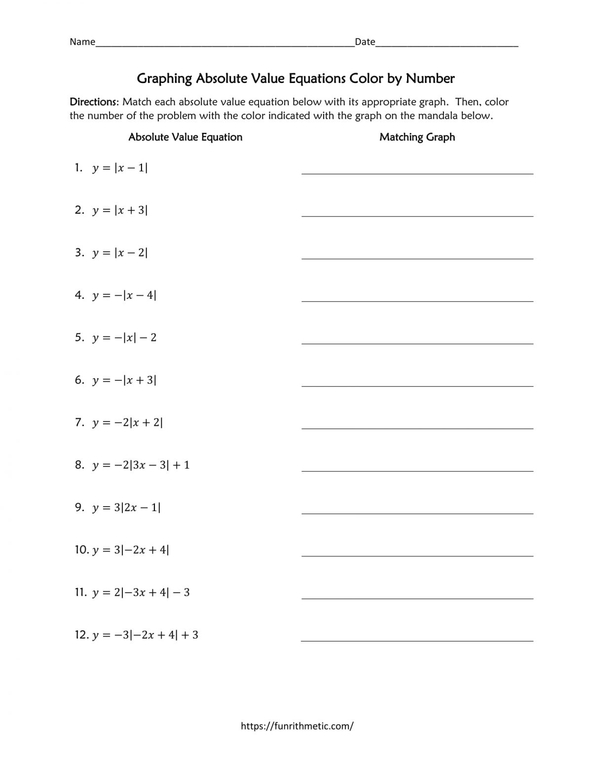 Graphing Absolute Value Equations worksheet