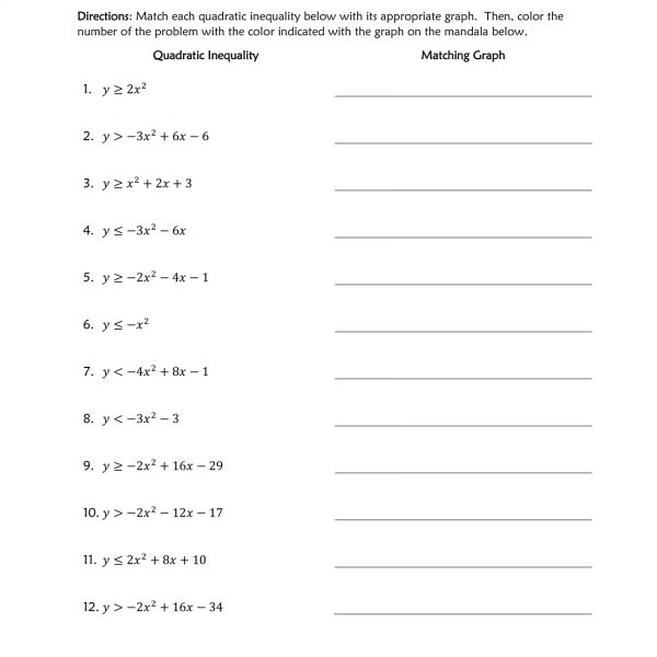 Graphing Quadratic Inequalities worksheet