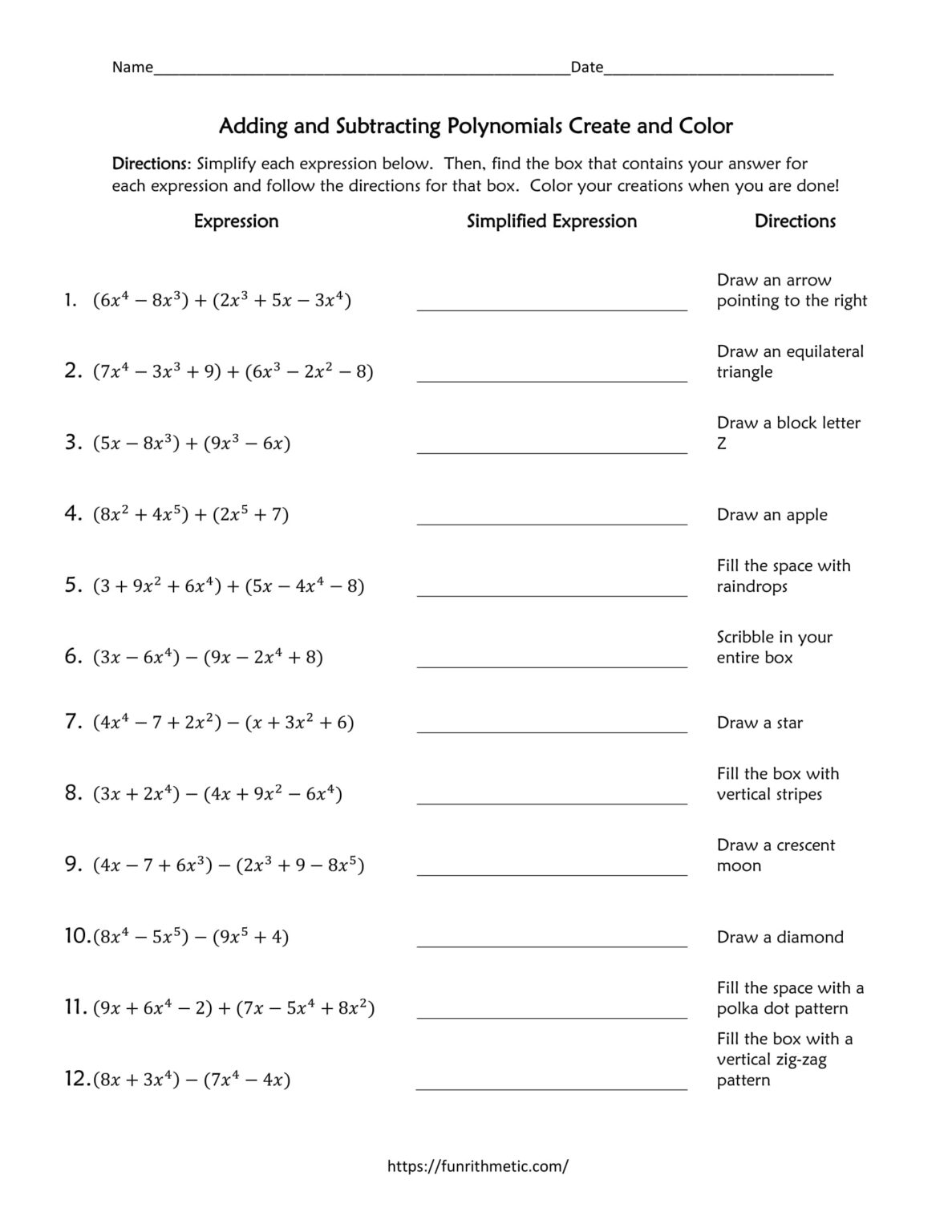 Adding and Subtracting Polynomials Create and Color | Funrithmetic