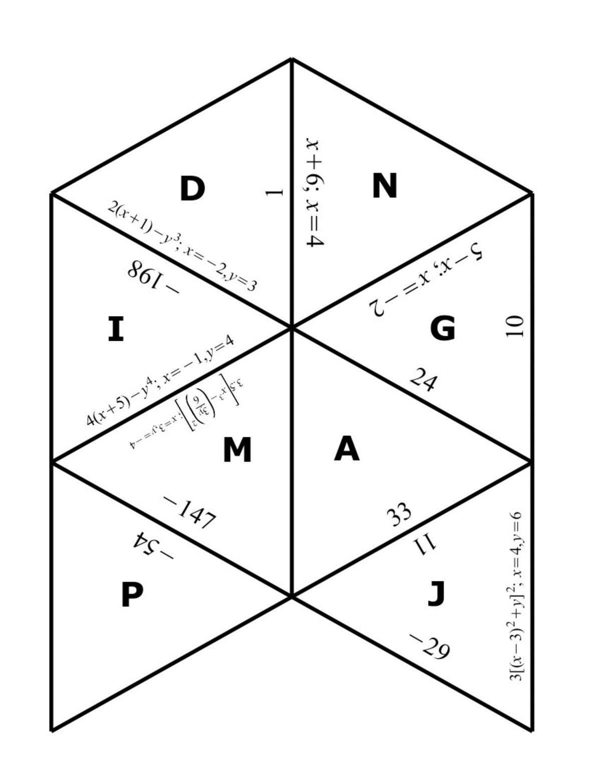 Evaluating Variable Expressions Tarsia Puzzle Funrithmetic