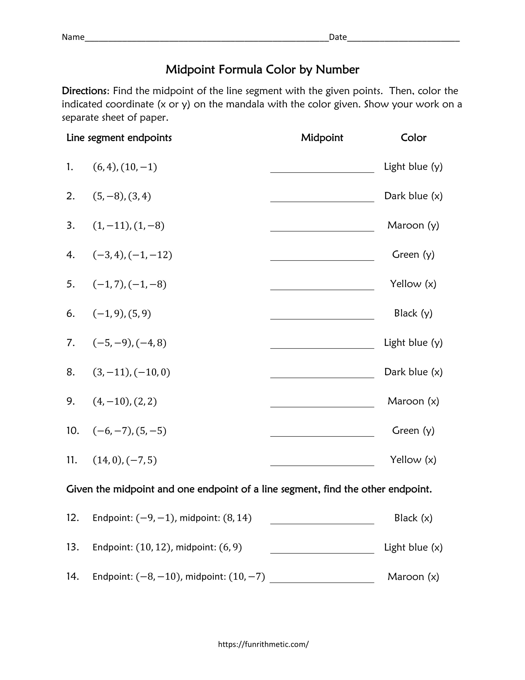 Midpoint Formula Color by Number Funrithmetic