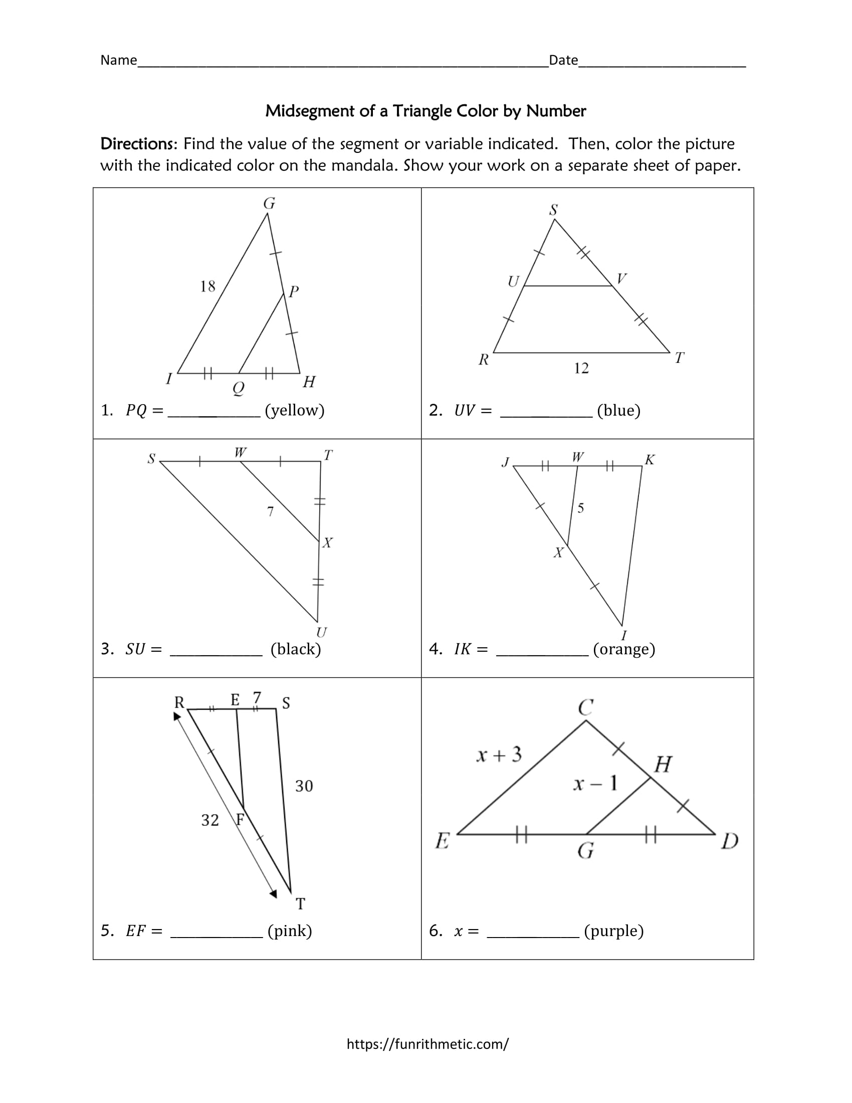 Midsegment of a Triangle Color by Number Inside Midsegment Theorem Worksheet Answer Key