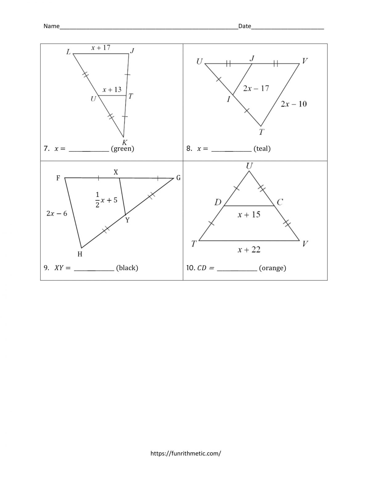 Midsegment of a Triangle worksheet Funrithmetic