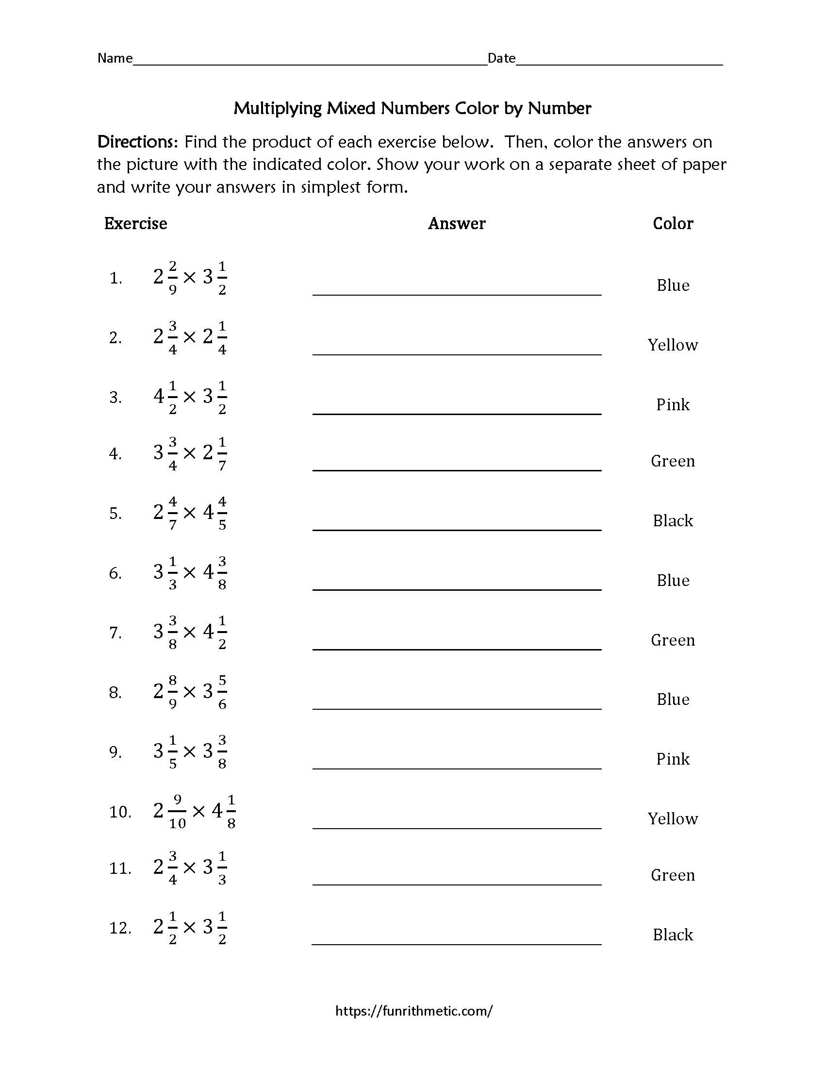 Multiplying Mixed Numbers Worksheet