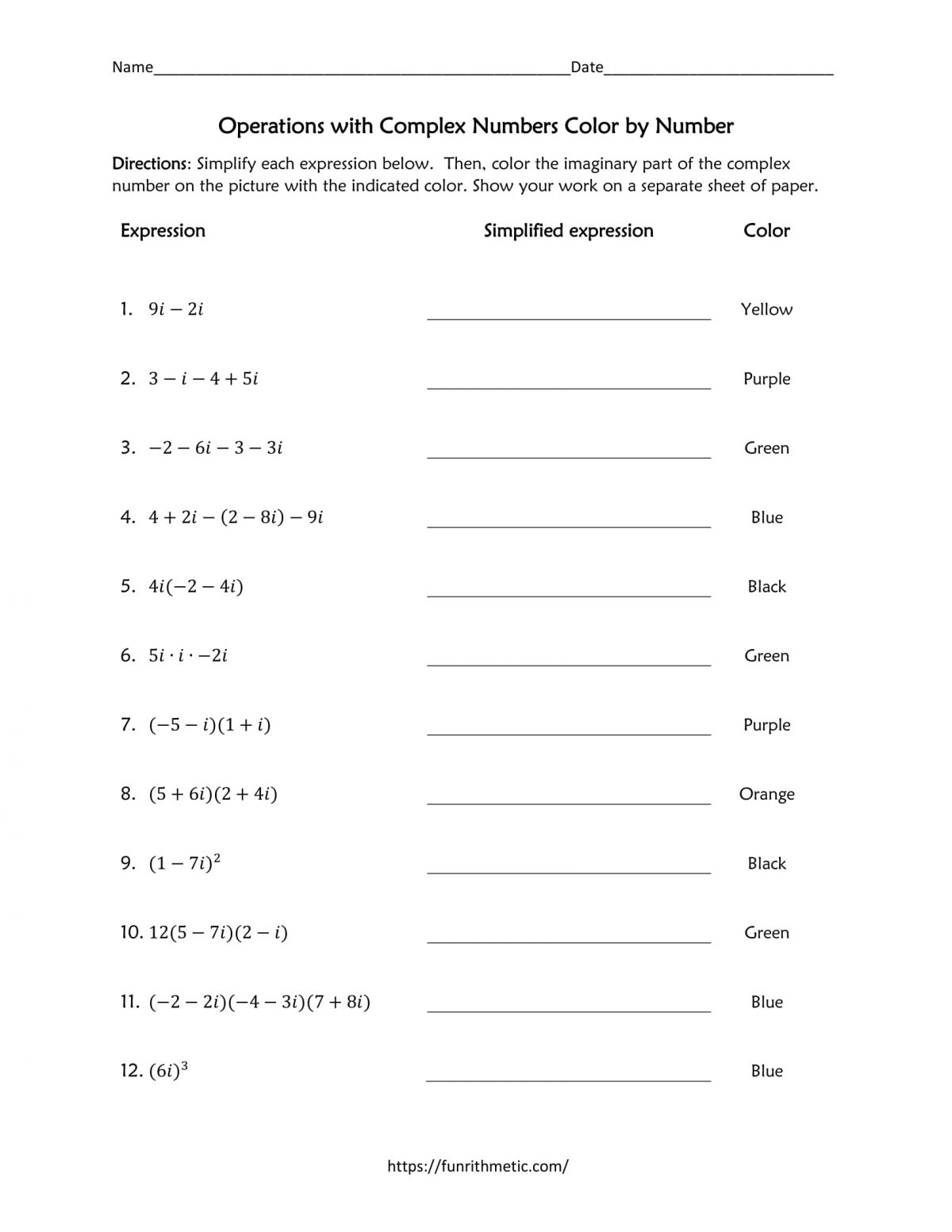 Operations with Complex Numbers worksheet