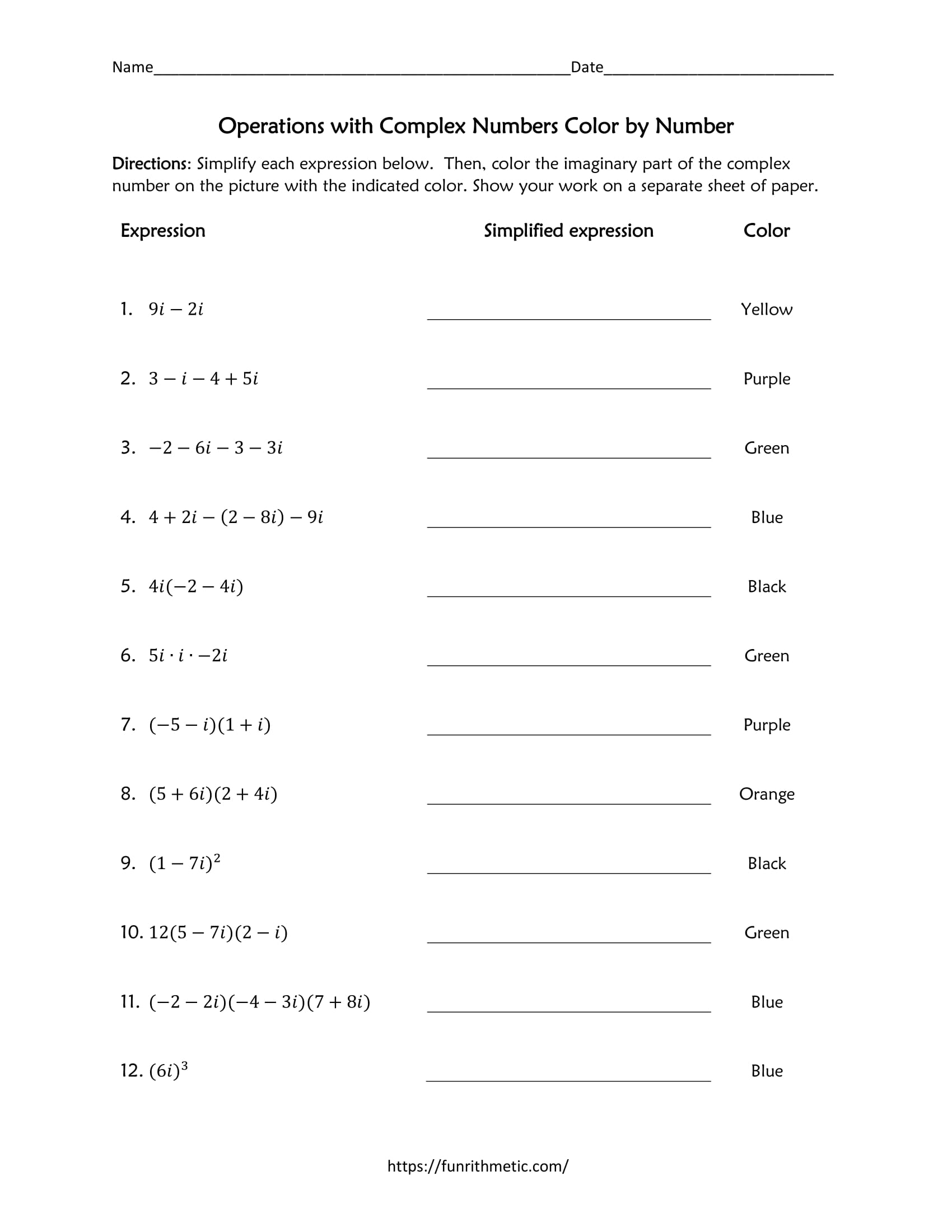 Simplifying Complex Numbers Coloring Worksheet Answers