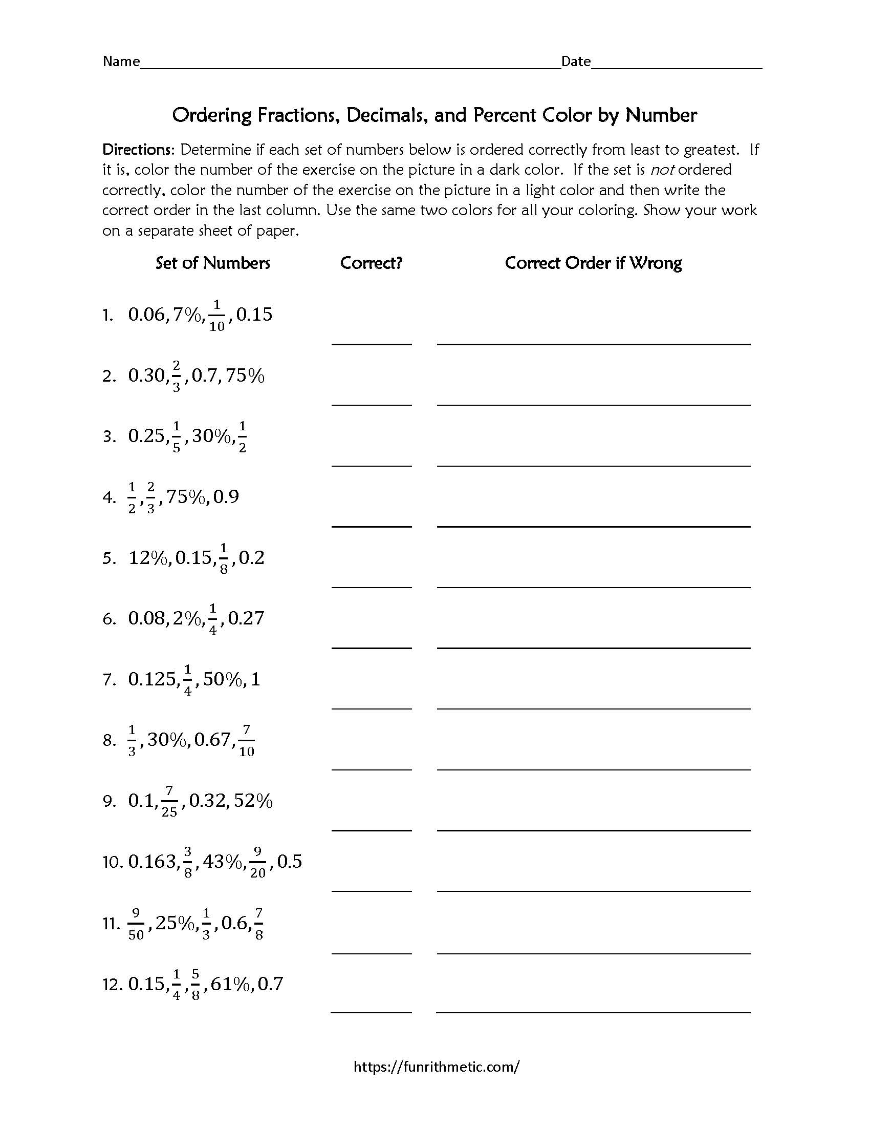 Ordering Rational Numbers Color by Number  Funrithmetic Regarding Ordering Rational Numbers Worksheet