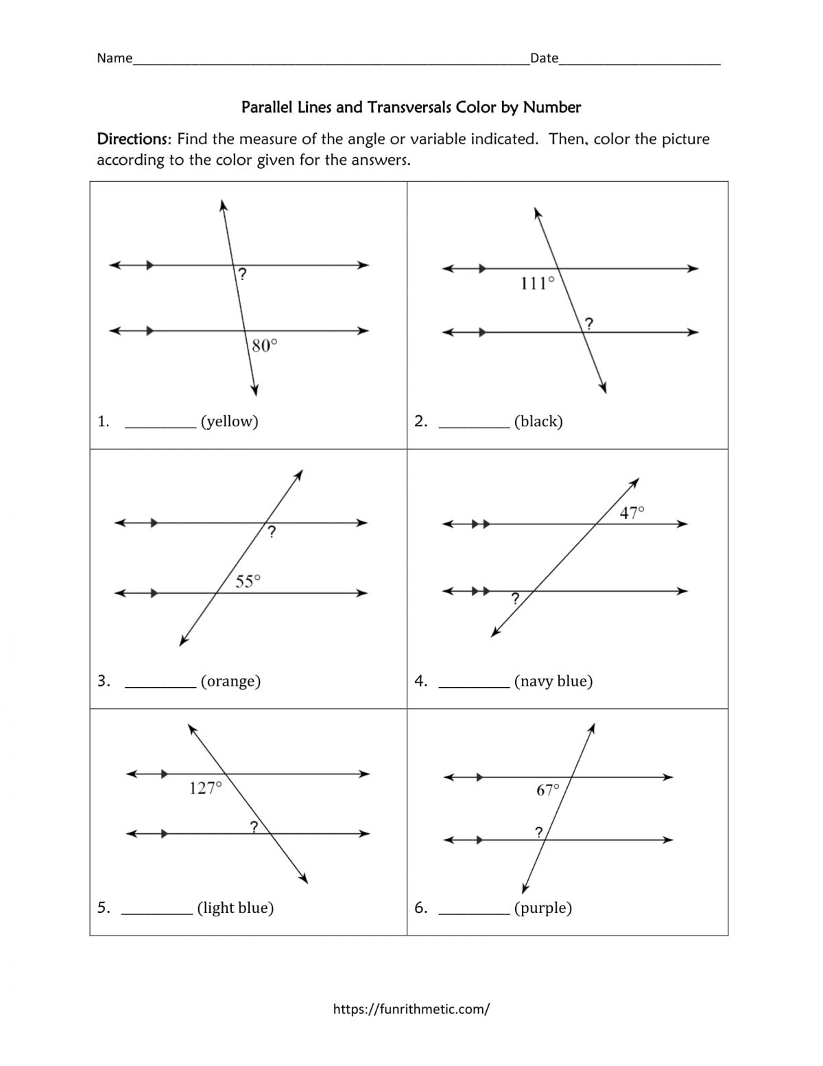 Parallel Lines and Transversals worksheet