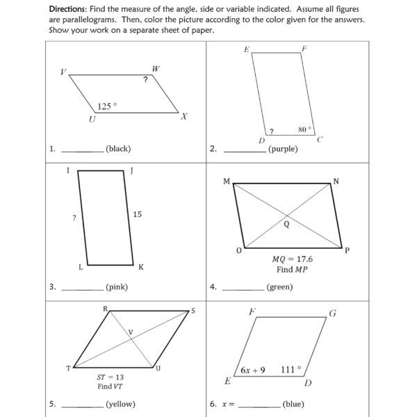 Properties of Parallelograms worksheet