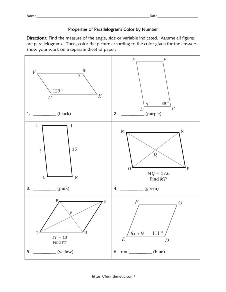 Properties of Parallelograms Color by Number | Funrithmetic