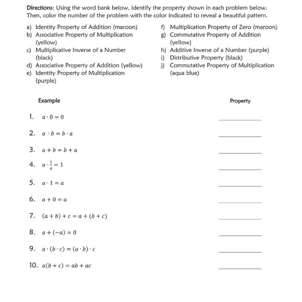 Properties of Real Numbers worksheet