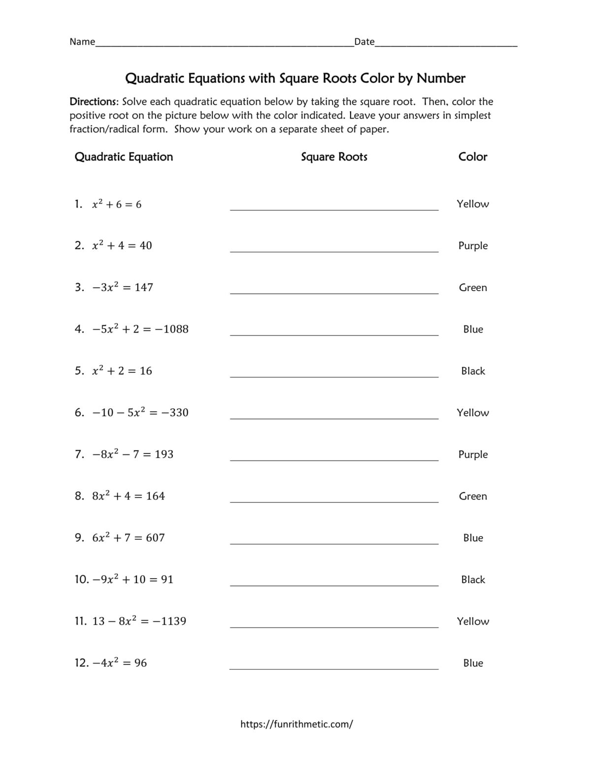 Quadratic Equations with Square Roots worksheet