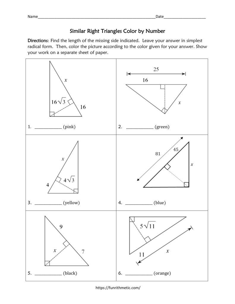 Similar Right Triangles Color by Number | Funrithmetic